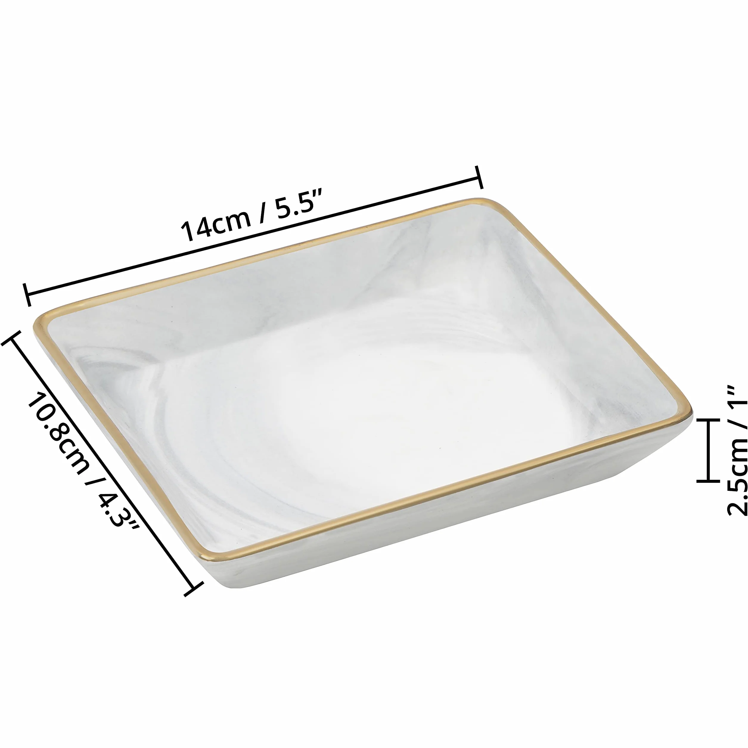 BELLE VOUS Vassoio Porta Gioielli Design Marmo Grigio 10,8 x 14 x 2,5 cm Ceramica Rettangolare Bordi Dorati