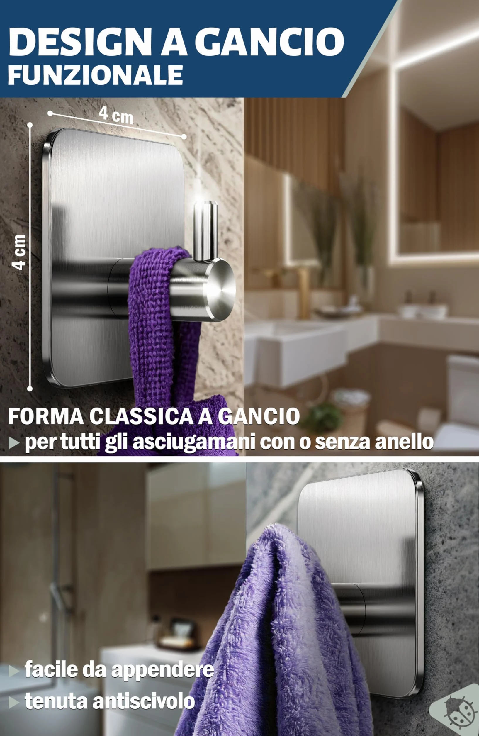 Menz Ganci Adesivi Bagno Set di 4 - Adesivi Acciaio Inox Impermeabili per Cucina e Pareti Argento