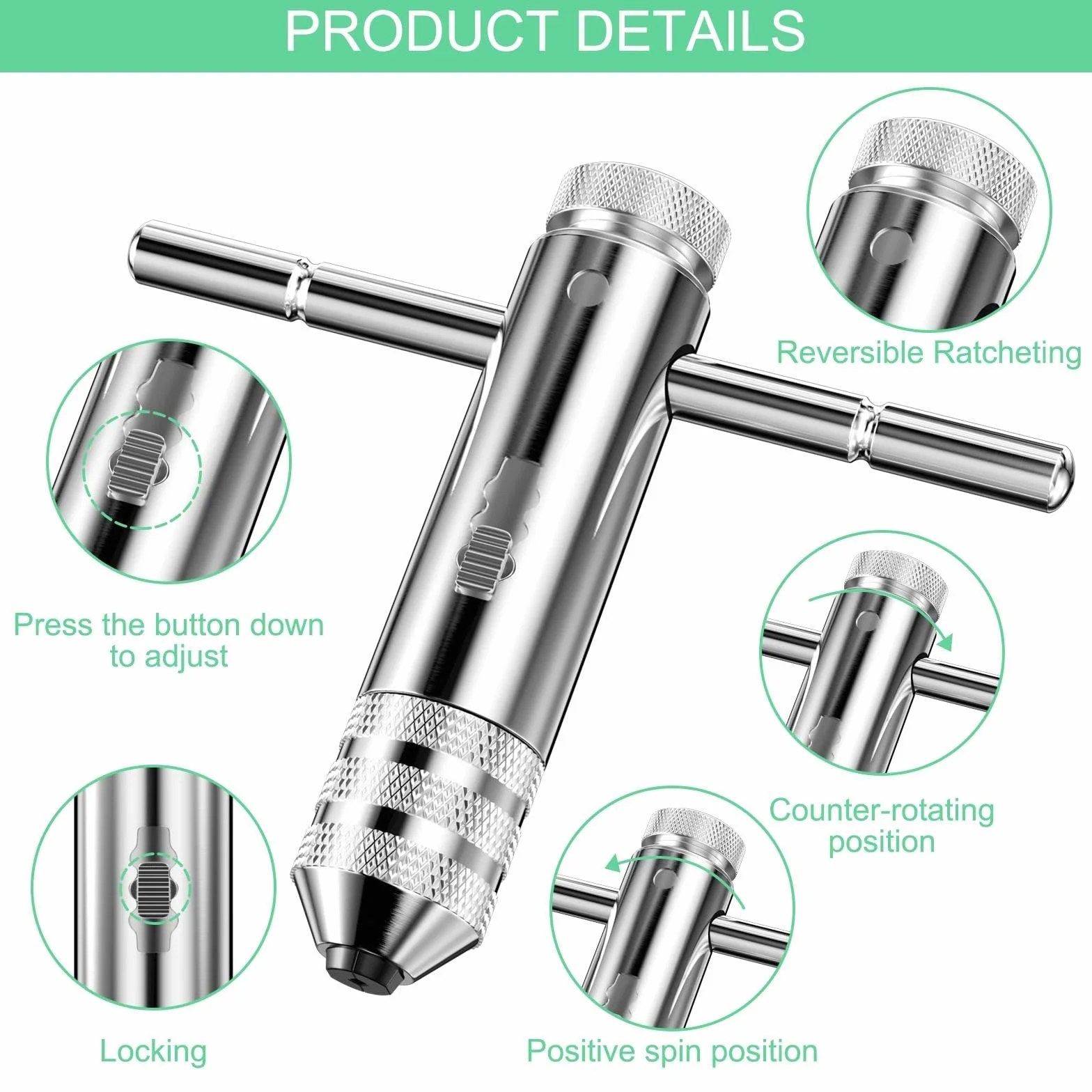 Set di Chiave a Cricchetto, 5 Pezzi Maschi per Filettatura M3/ M4/ M5/ M6/ M8 + 1 Pezzi Giramaschi a T, Filettatrice Manuale Regolabile, Maschi per Filettare con Rivestimento in Titanio