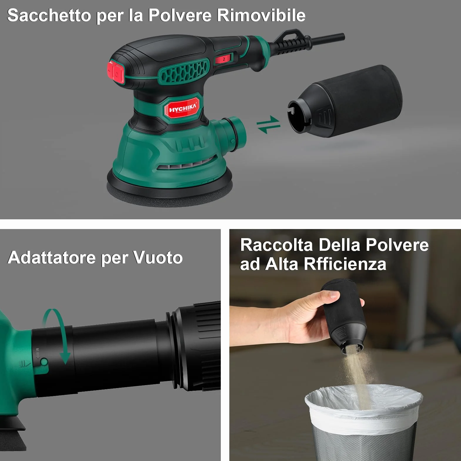 HYCHIKA Levigatrice Orbitale 300W 12000OPM 6 Velocità 16 Pezzi Dischi Abrasivi 125 Frenata Rapida