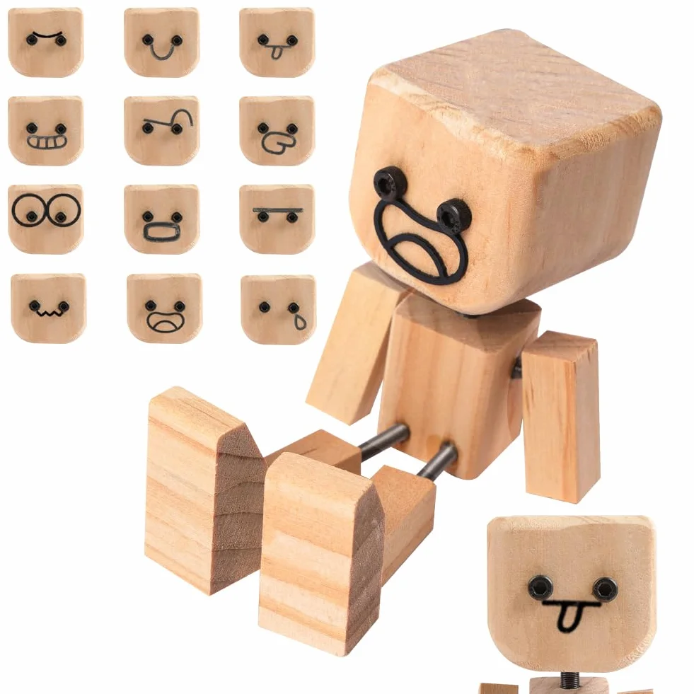 Vicloon Statuetta Uomo Legno Tremante Bambola Piedi Tremanti 12 Espressioni Accessori Cruscotto Auto Decorazione Scrivania Regalo Uomo Donna