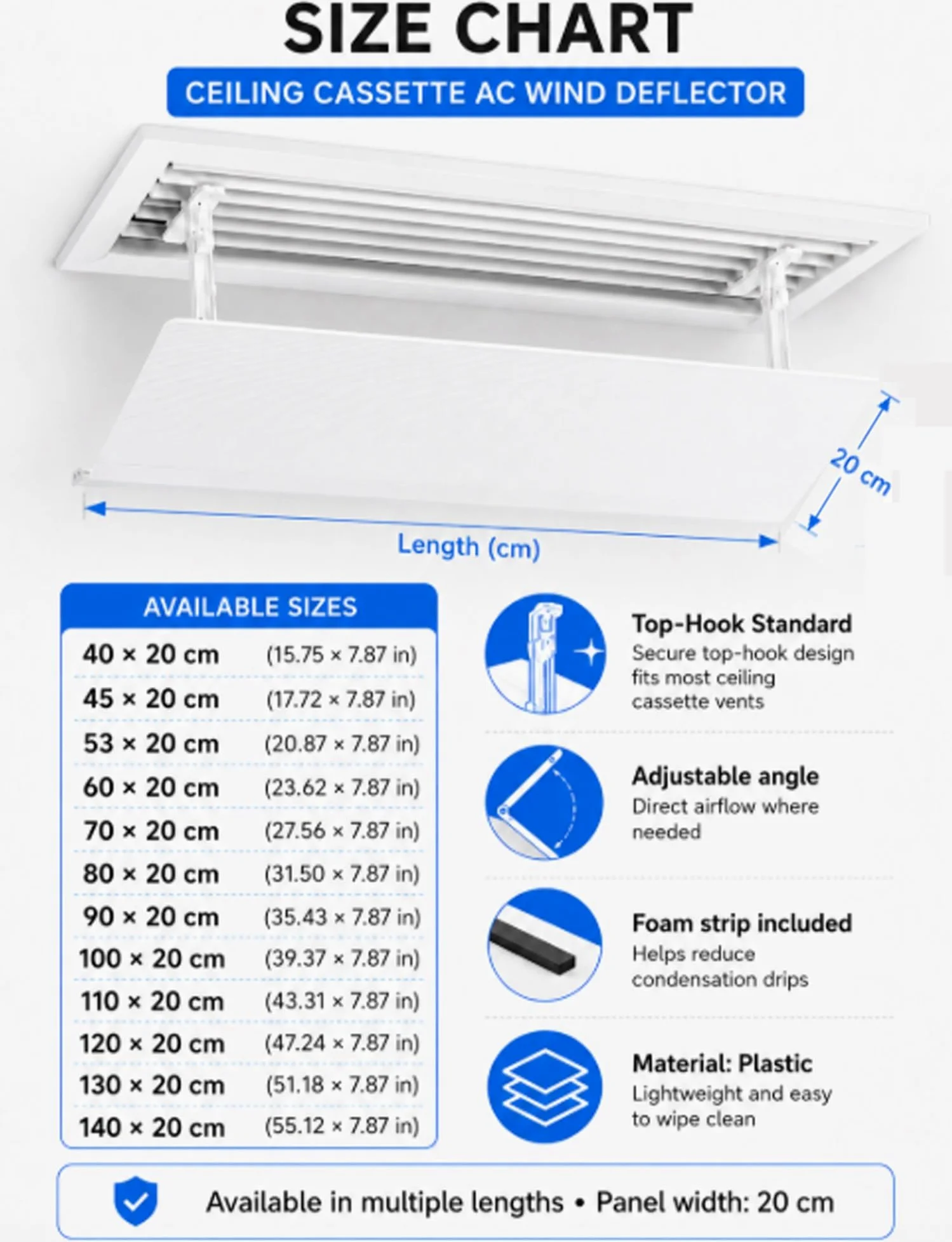 Deflettore AC a cassetta da soffitto, gancio, angolo regolabile(150X20cm)