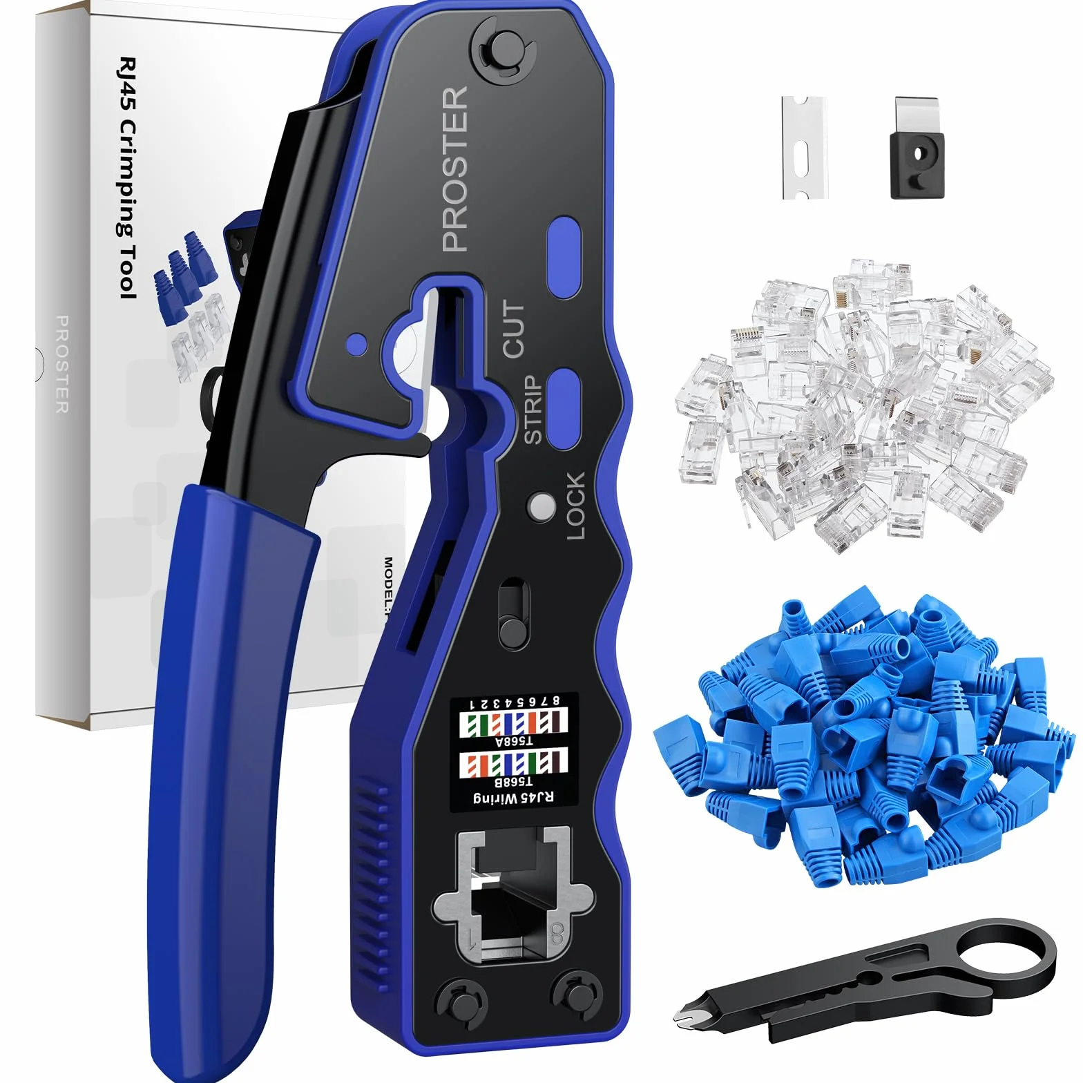 Proster Pinza Crimpatrice RJ45 Pass Through Multifunzione Spelafili per Cavo Rete RJ45 Cat6 Cat5 Cat5e Kit Strumento Crimpatura con 50pz Connettori Cat6 e Coperture di Protezione Blu