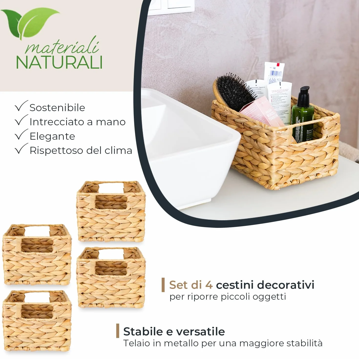 Cestino portaoggetti HMF intrecciato in giacinto d’acqua, decorativo con manici, Set da 4, 22x17x12 cm, Naturale