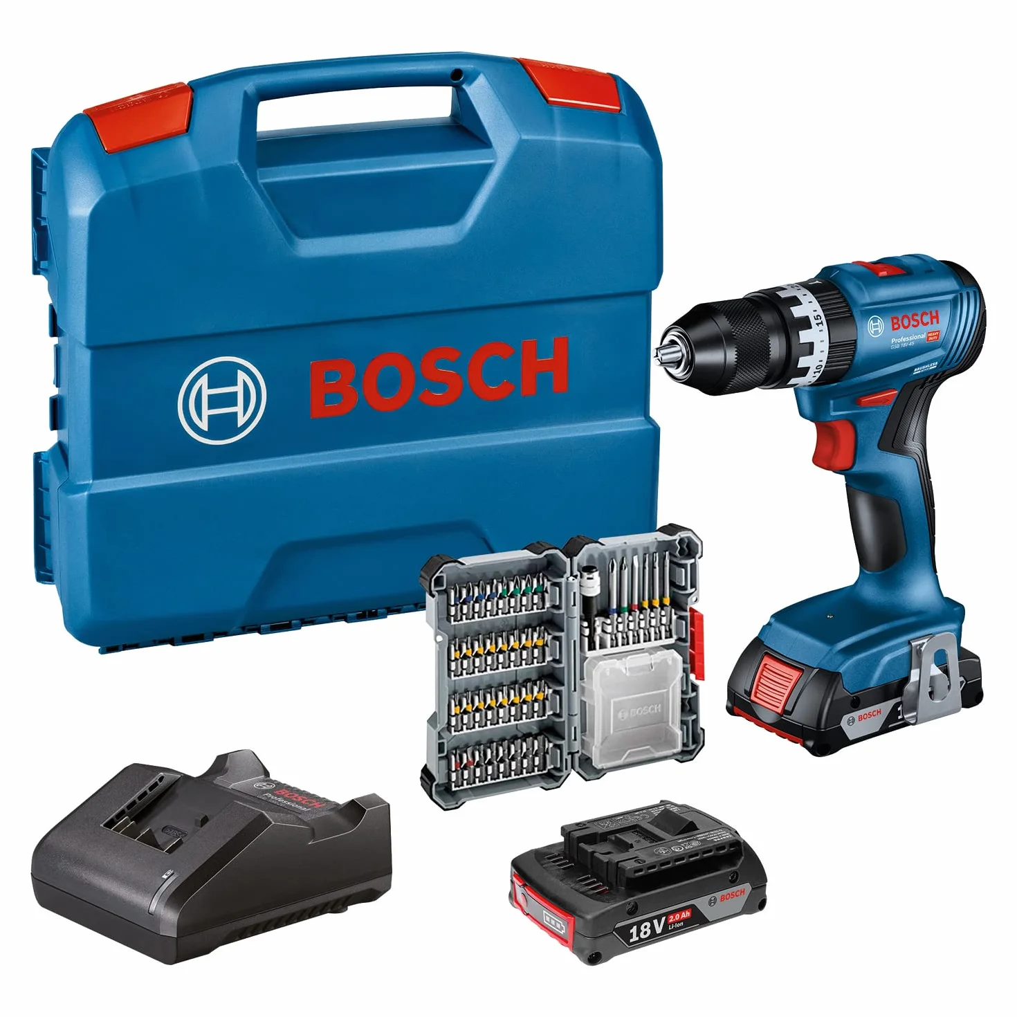 Bosch Professional 18V System Trapano avvitatore con percussione a batt. GSB 18V-45 (velocità di rotazione di 1.900 giri/min, 2 batt. da 2.0 Ah, accessori, GAL 18V-20, L-Case) - Amazon Exclusive Set