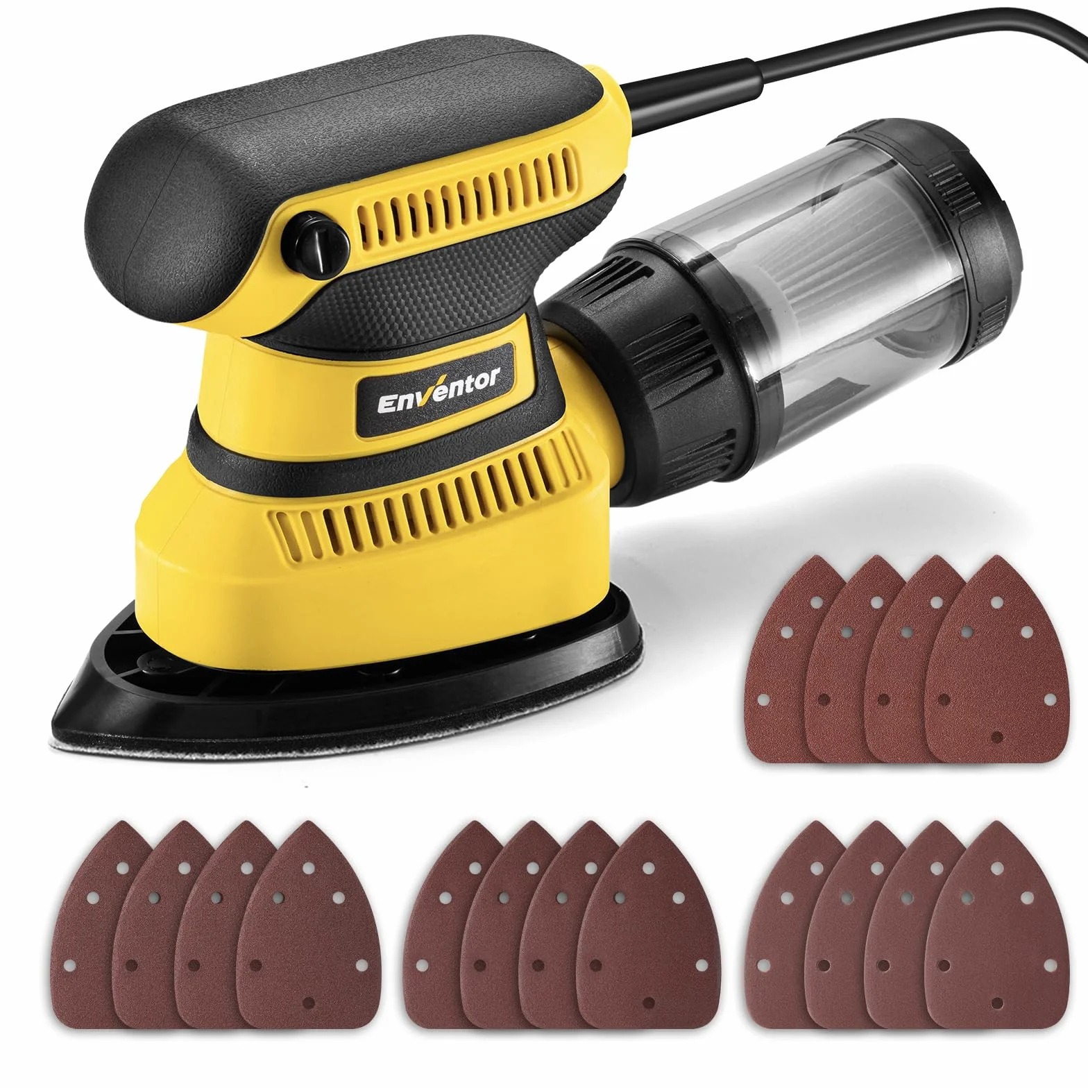 Enventor Levigatrice Mouse 210W, Levigatrice per Legno 15000RPM, 16PCS Carta Vetrata(80, 120, 180, 240), Contenitore Polvere, Levigatrici di Precisione per Levigare e Lucidare Legno e Metallo