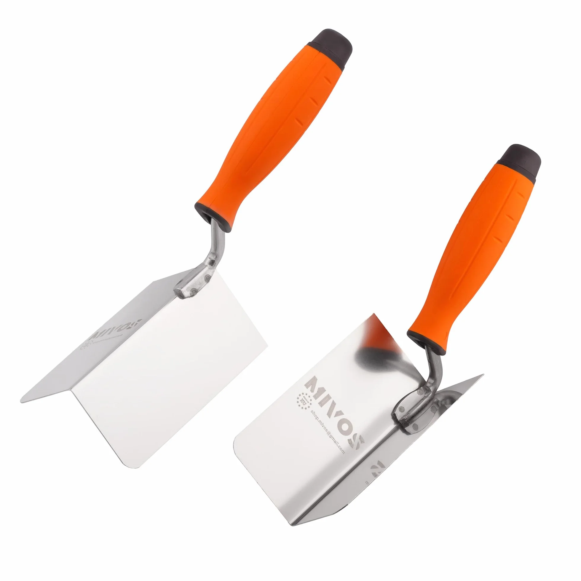 Mivos 2x Spatola Angolare Antiruggine 120 x 60 mm - Cazzuola Angolare Interna ed Esterna in Acciaio Inox - Cazzuola per Bordi Interni ed Esterni con Impugnatura Morbida - Spatole Angolari
