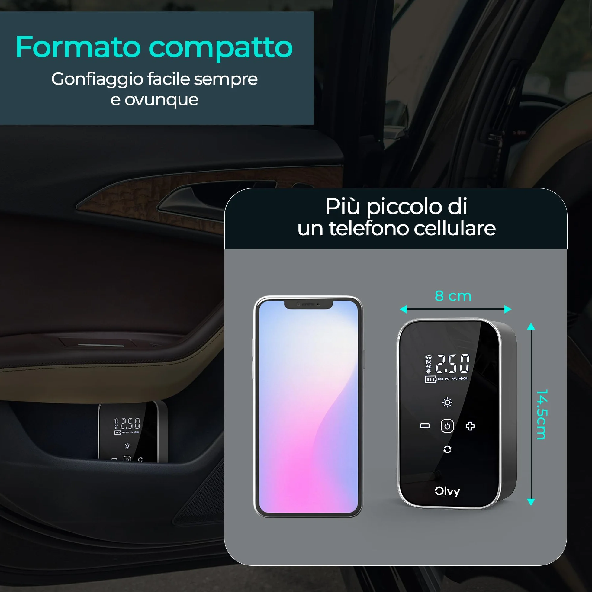 Olvy Compressore d'aria portatile senza fili 12V 6000 mAh Display digitale Luce LED