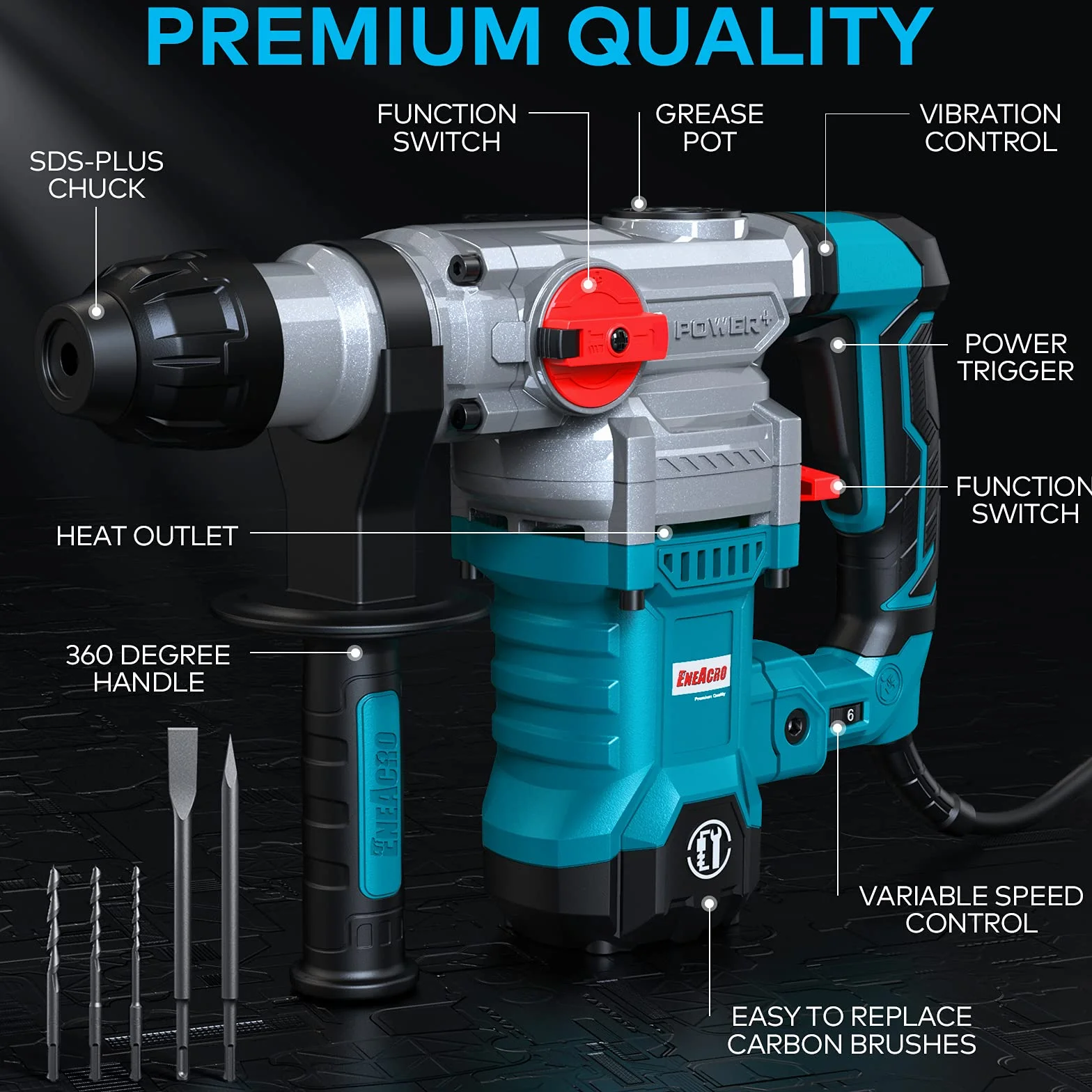 ENEACRO Martello Perforatore, 1500W Martello Demolitore 6J, SDS Plus Mandrino, 4 Funzioni, 6 Velocità Variabili 0-920giri/min, Sistema di Smorzamento Delle Vibrazioni e Frizione di Sicurezza Blu