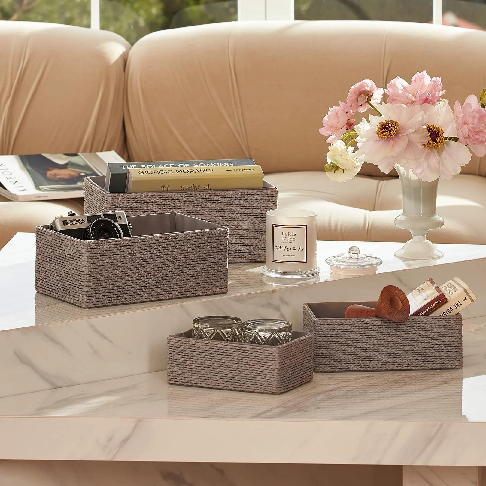 LJM Cesti Organizzatori Set di 4 per Armadi e Cassetti Grigio Contenitori a Cubo Impilabili per la Casa e l’Ufficio Contenitore Cosmetico Scrivania