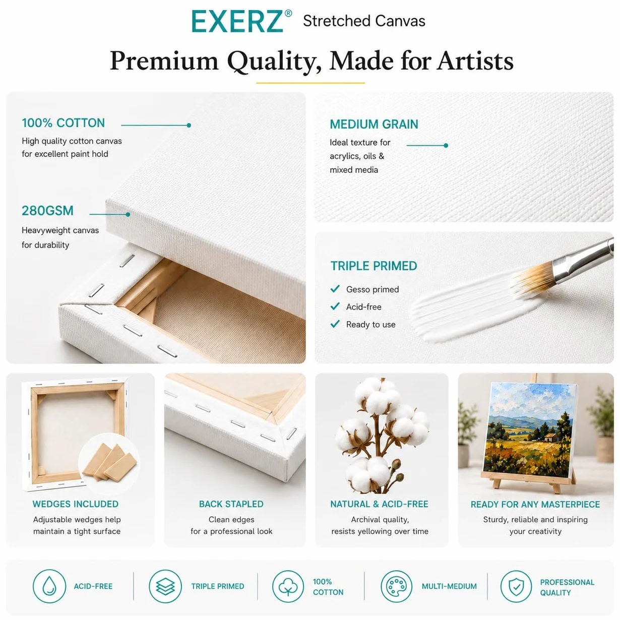 EXERZ 30x40cm Tele Intelaiate 5pz per Pittura per Artisti/Spessore 1.7cm 280GSM/ Tele Prestirate 100% Cotone/Prive di acidi/Bianca/Grana media - Per Dipingere, ad Acrilici, Pittura ad Olio