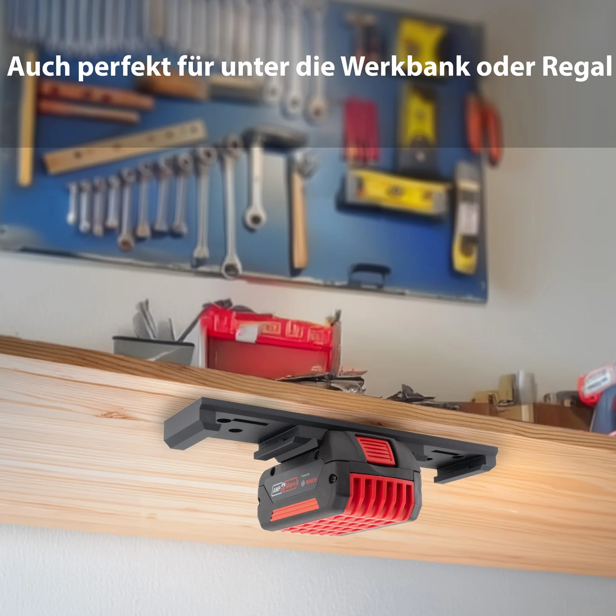 Supporto da parete per batterie Bosch Professional da 18 V e PowerCore, robusto supporto salvaspazio, per 3 batterie, 5 viti e 5 tasselli, facile da montare con funzione di bloccaggio [Made in Germay]