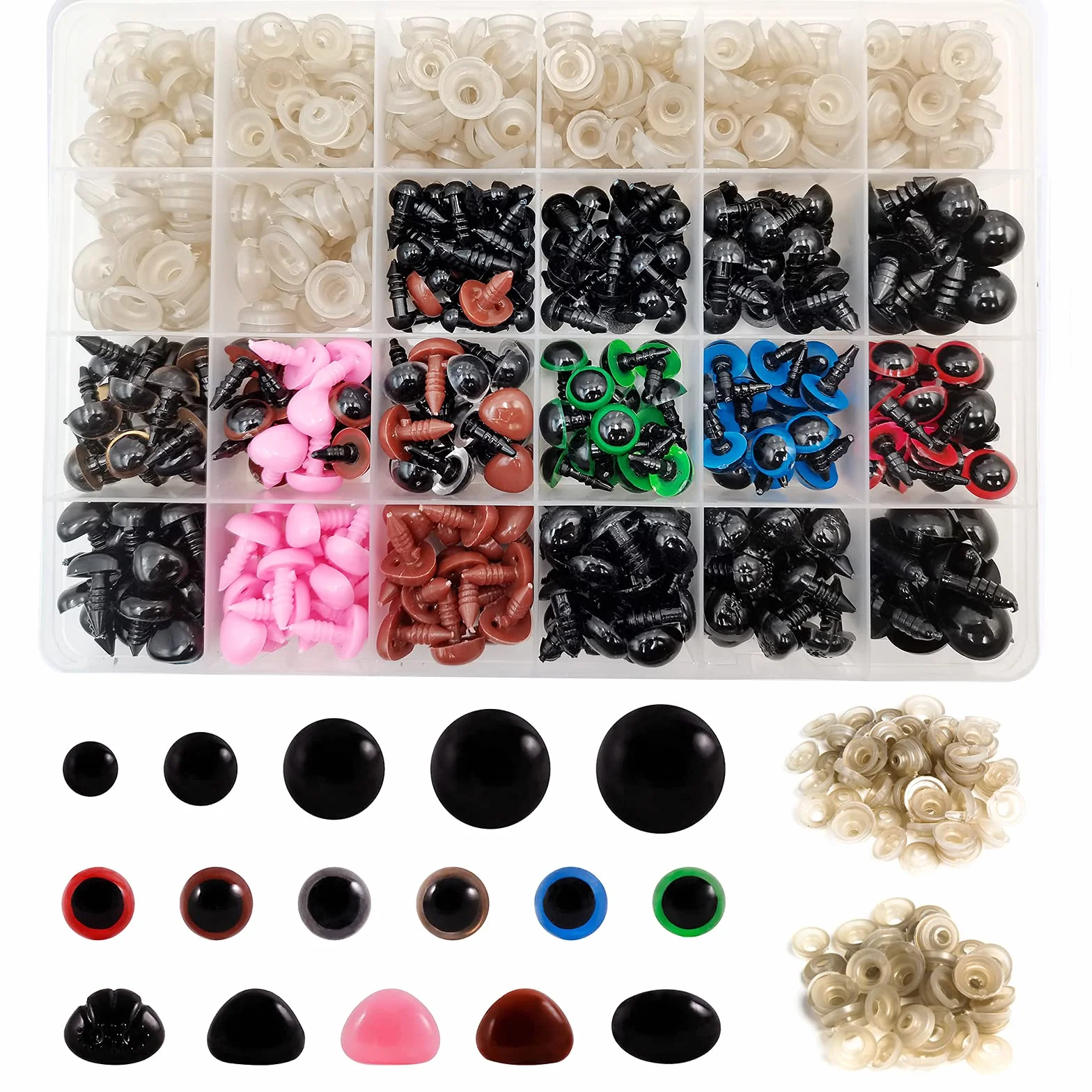 600 occhi e naso di sicurezza con rondelle per giocattoli all'uncinetto, misure assortite, in plastica colorata per orsacchiotti Amigurumi (Ø 6~14 mm)
