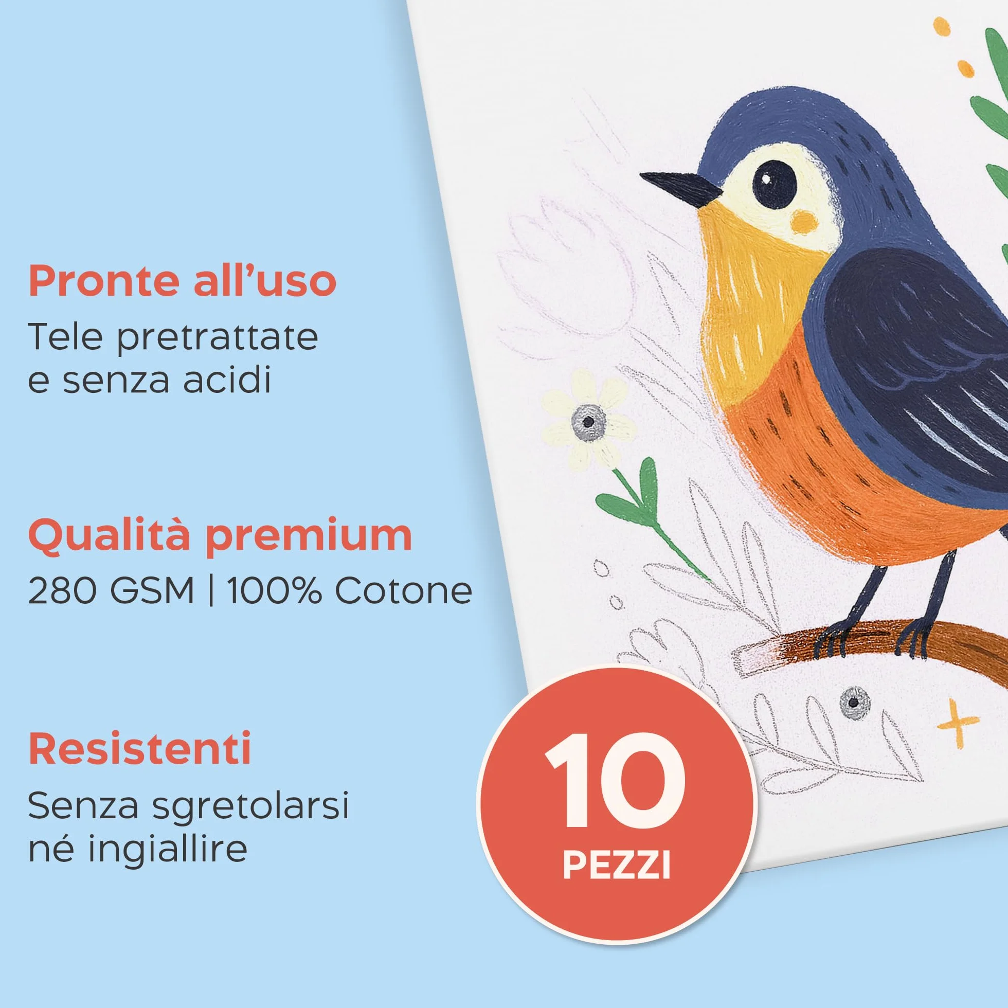 Zenacolor Tela per Dipingere 30x40cm (Set da 10) - 280 g/m² 100% Cotone - Per Pittura Acrilica, a Olio, Tempera, Guazzo, ecc.