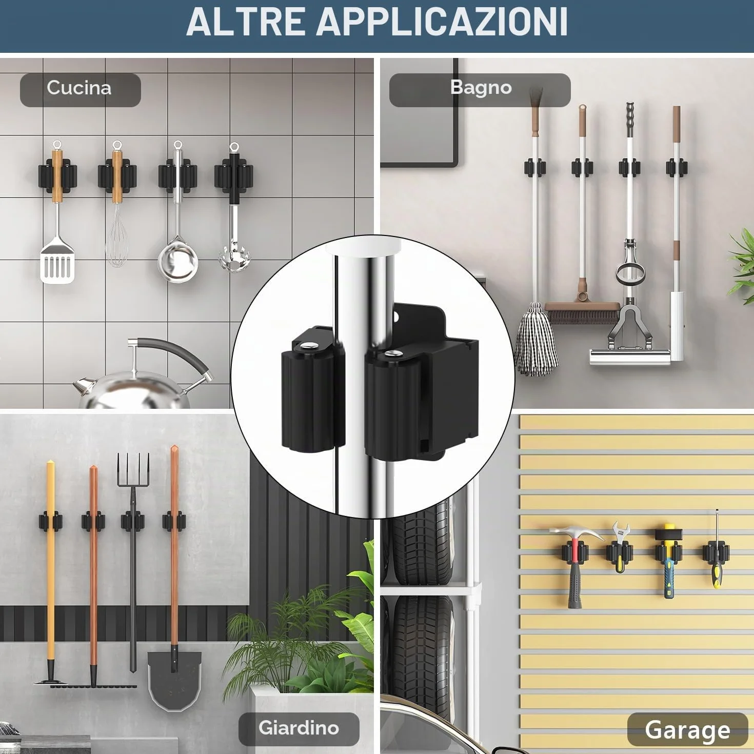 PIQIUQIU 6 supporti per scopa da parete in acciaio inox, porta mocio e scopa, nero
