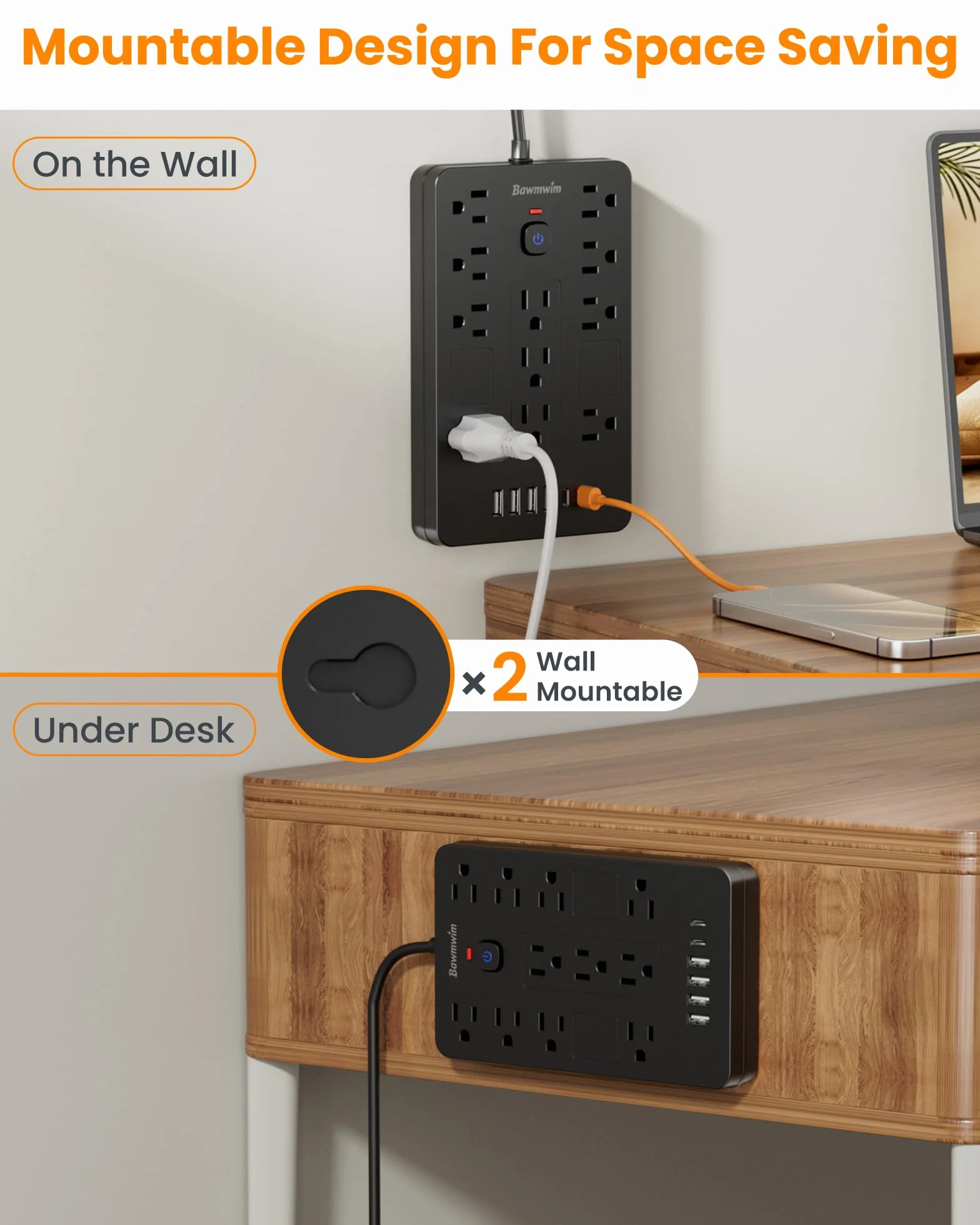Ciabatta con protezione contro le sovratensioni, 11 prese (1850 W/15 A) con 6 porte USB (2 USB C), cavo di prolunga piatto da 1,8 m, montaggio a parete, nero