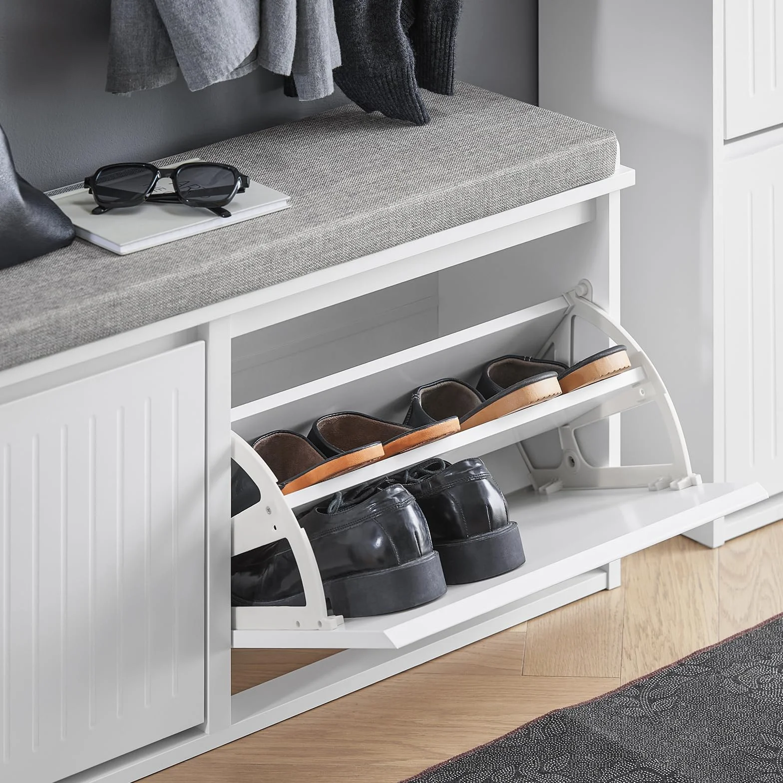SoBuy Panca Scarpiera da Ingresso - Scarpiera Salvaspazio Slim in Legno, Panca Contenitore per 8-10 Paia di Scarpe, 155kg di Carico, Bianco, 100x26x46cm, FSR98-XL-W