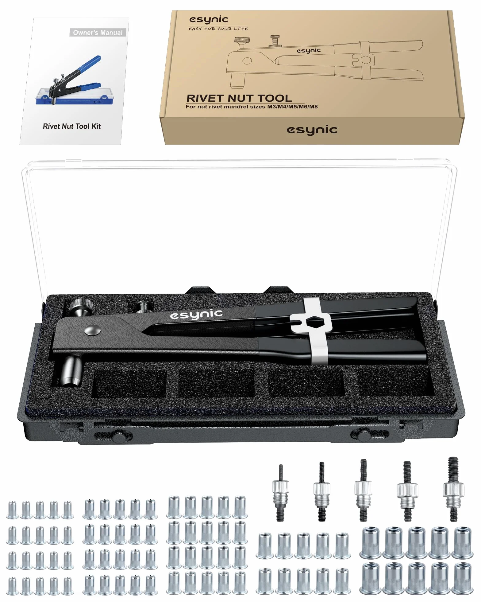 Kit Rivettatrice per Inserti Filettati 86pz M3 M4 M5 M6 M8 Pinza Pistola Manuale a Rivetti Professionale Nero