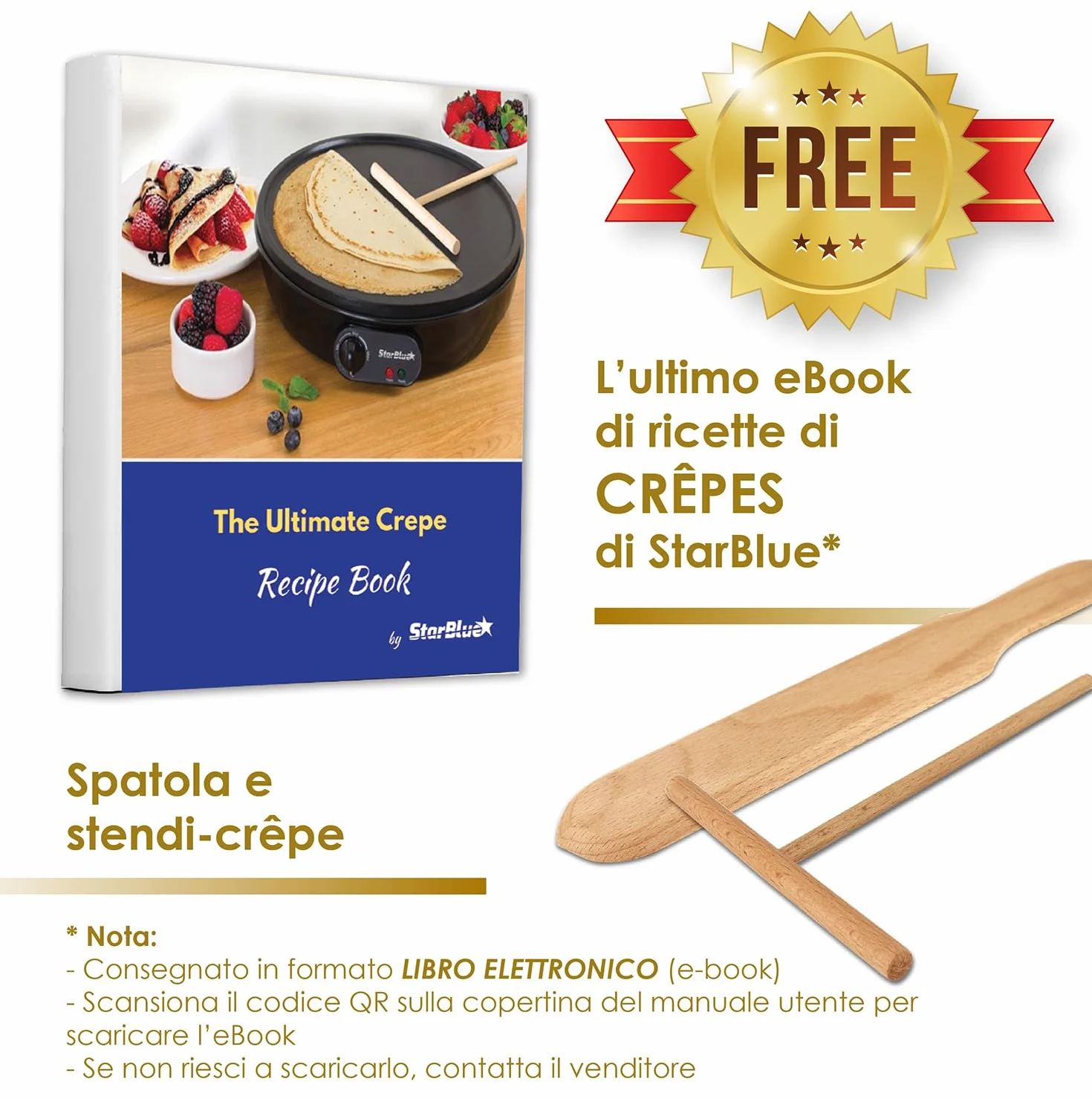 Macchinetta per Crepe Elettrica da 30.5cm Della StarBlue con Spatola di Legno - AC 220-240V 50/60Hz 1000W, Spina del Regno Unito, Adattatore Europa Incluso