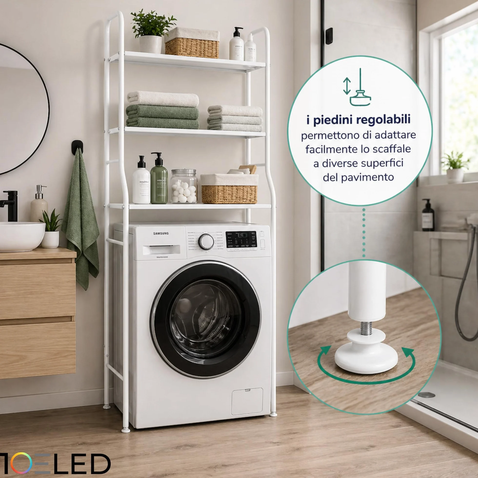 Mobile Lavatrice Salvaspazio con 3 Ripiani STABILE - Scaffale Organizer Bagno e Lavanderia in Acciaio - MONTAGGIO SEMPLICE con Ganci Laterali e Piedini REGOLABILI per Detersivi, Asciugamani e Altro