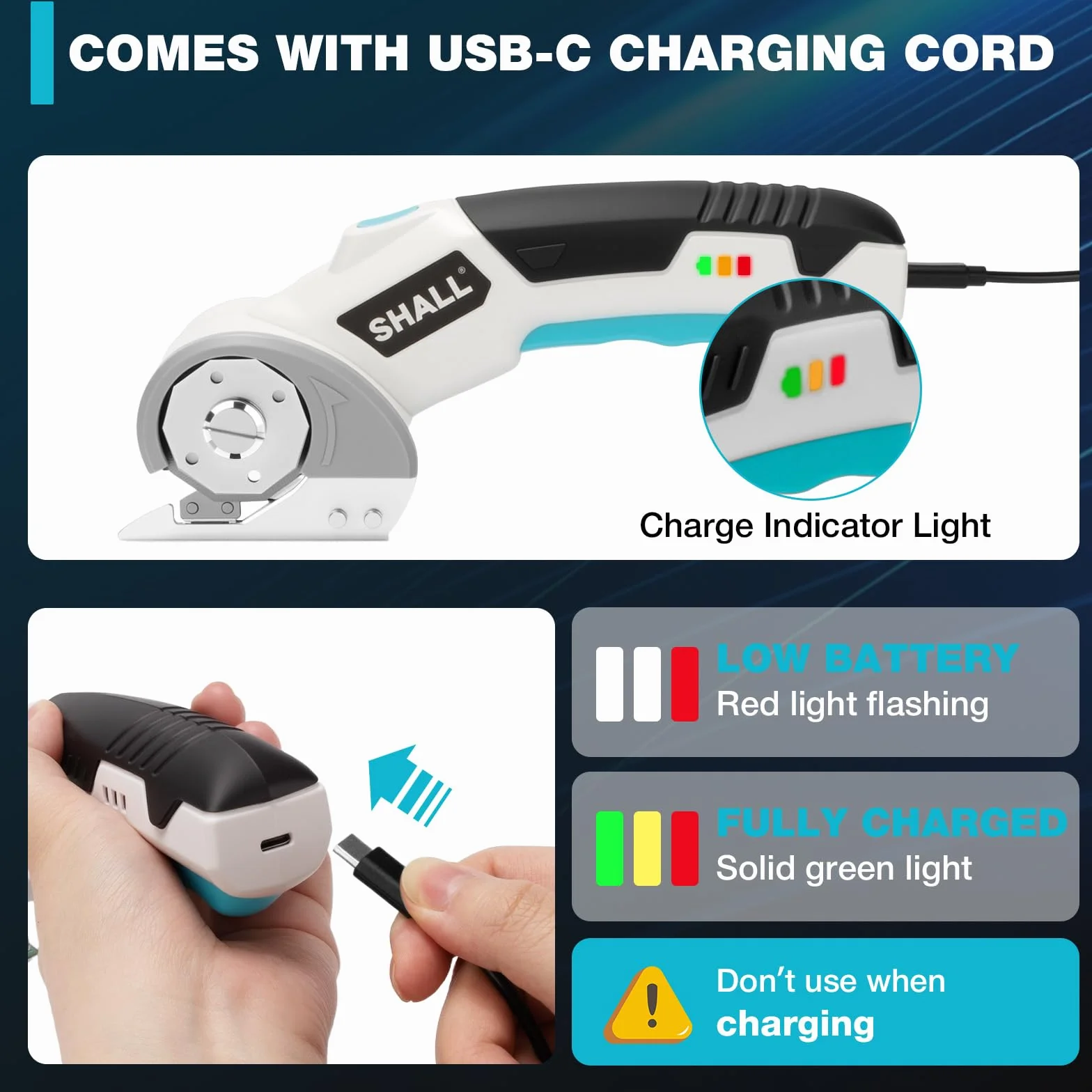 SHALL Forbici elettriche senza fili 4V con blocco di sicurezza, luce LED e lama di ricambio – Taglierina rotante ricaricabile per tessuto, pelle, moquette, cartone e plastica