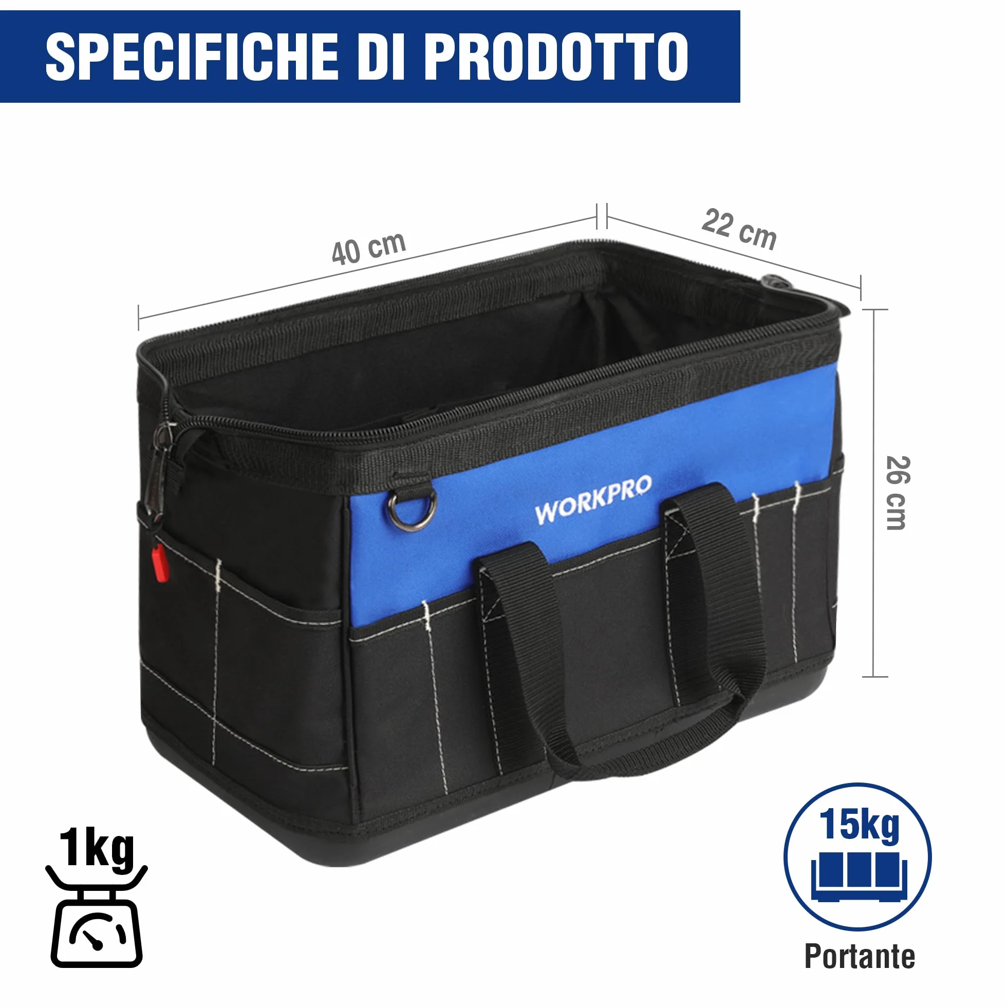 WORKPRO Borsa porta Attrezzi Lavoro a Bocca Ampia 40 x 22 x 26 cm, Multitasche per Impieghi Pesanti, con Base Rigida in Plastica Impermeabile, Portautensili