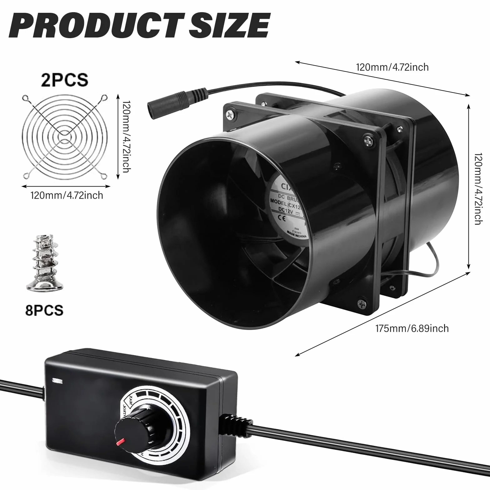 GOMETY Ventilatore tubolare da 100 mm, DC12 V, ventola assiale, 100 mm, con regolatore di velocità, ventola per tubi da 100 mm, rete silenziosa, adattatore per canale per serra, tenda da giardino