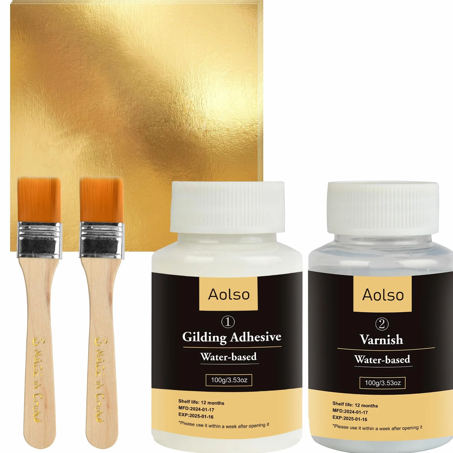 Aolso Set Adesivo per Doratura con Foglia Oro, 100ml Base d'Acqua Adesivo per Doratura e 100ml Vernice Protettiva, 100 Pezzi di Foglia d'Oro Per Decorazioni per Artigianato, Mobili e Pittura