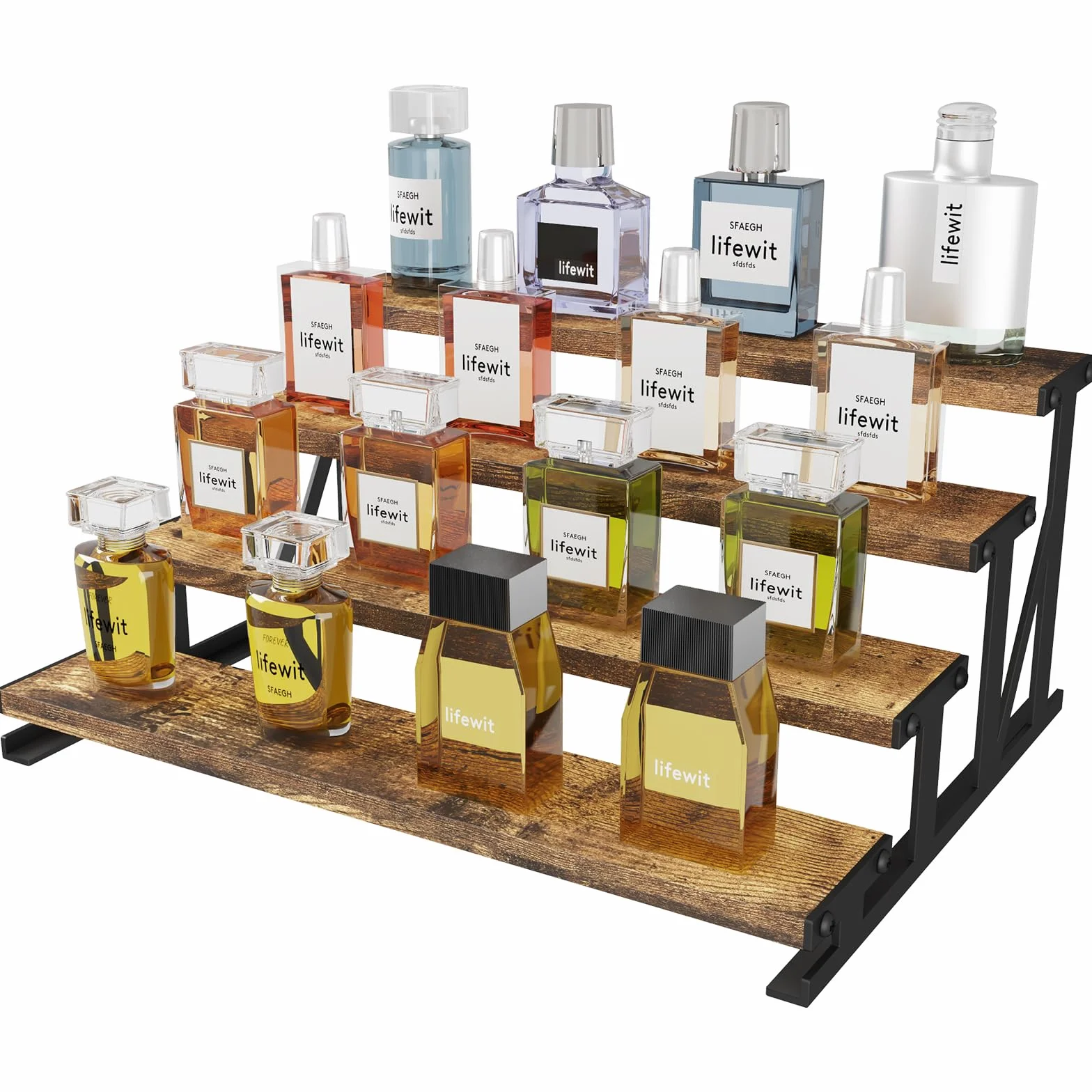 Lifewit Porta Profumi in Legno, Espositore Profumi con Supporto in Metallo, Espositori a Scaletta per Bagno, Camera, Salotto, Marrone Rustico, 4 Livelli, 1 Confezione, 35 cm
