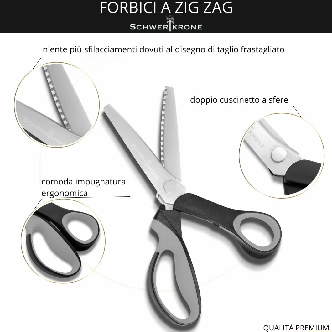 SCHWERTKRONE Forbici a Zig Zag per Tessuto Premium 23 cm - Acciaio Inox, Manici Ergonomici - Versatili per Bricolage e Tessuti - Forbice Sartoriale