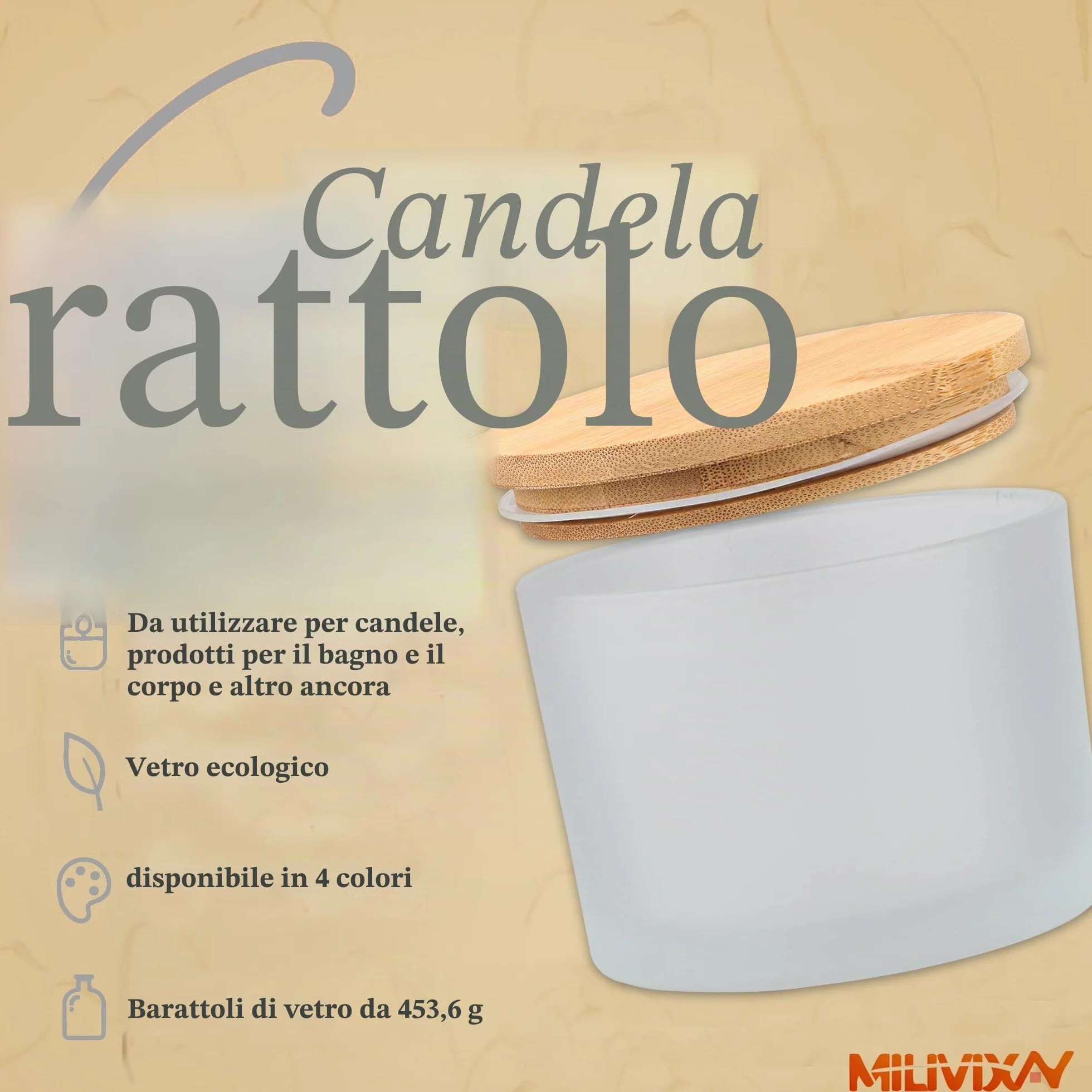 MILIVIXAY - Confezione da 6 barattoli per candele da 16 once con coperchi in bambù e kit per la produzione - 3 stoppini, vetro spesso e smerigliato bianco in massa per candele grandi - Contenitori per