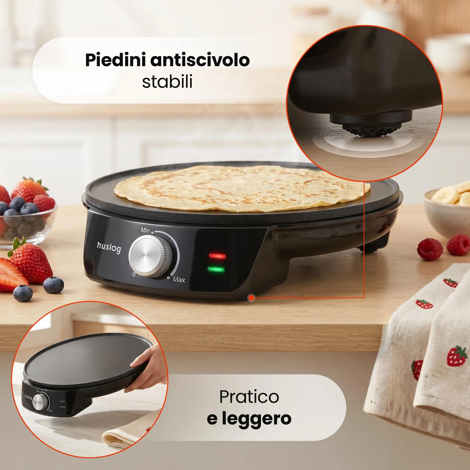 Crepiera Elettrica 1200W Ø29 cm Piastra Antiaderente Bordo Rialzato Temperatura Regolabile Nero
