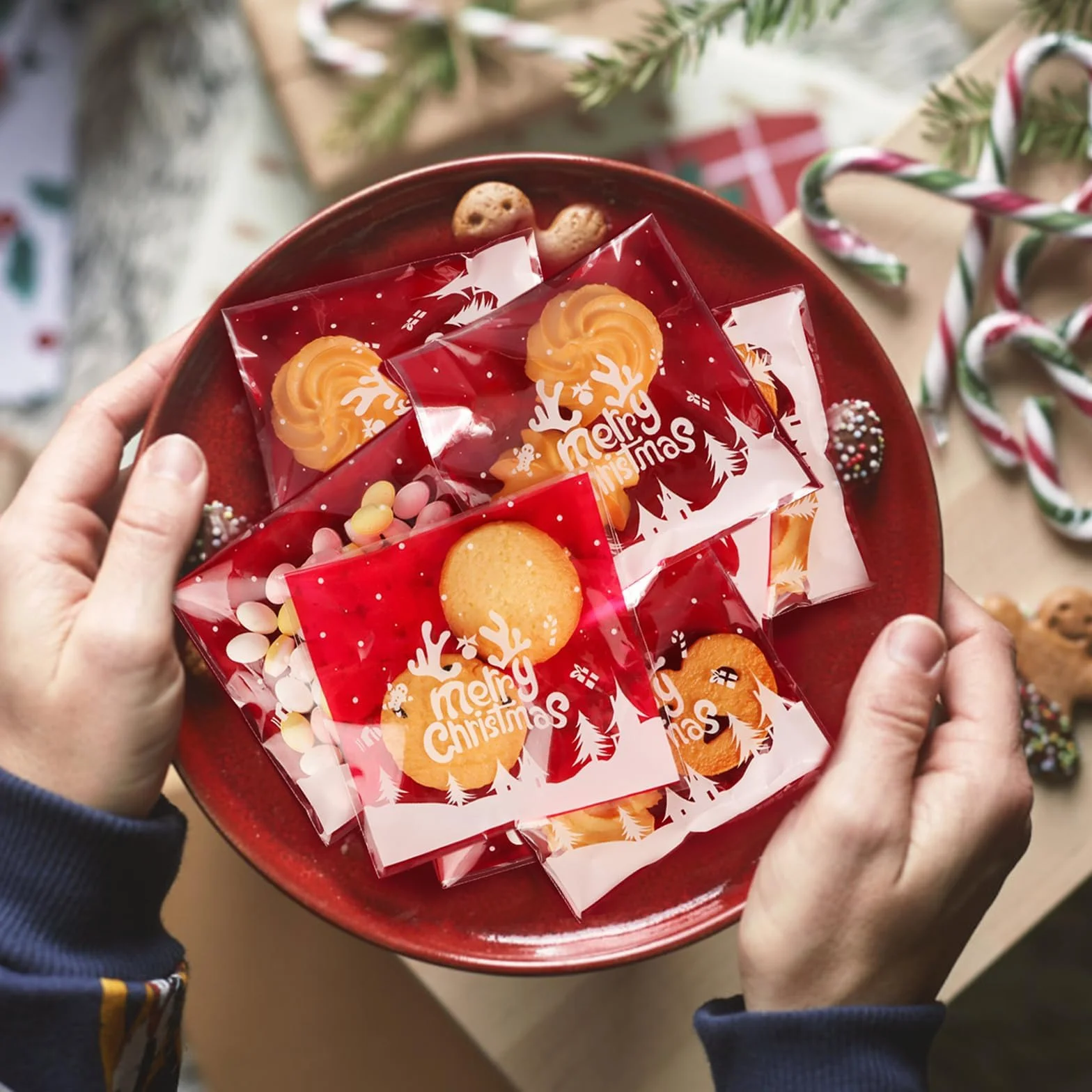100Pz Sacchetti Natalizi Autoadesivi Sacchetti Cellophane Trasparenti Plastica Sacchetti da Regalo Natale Bustine per Confetti Decorazioni Natalizie Caramelle Biscotti Cioccolati Gioielli (C)
