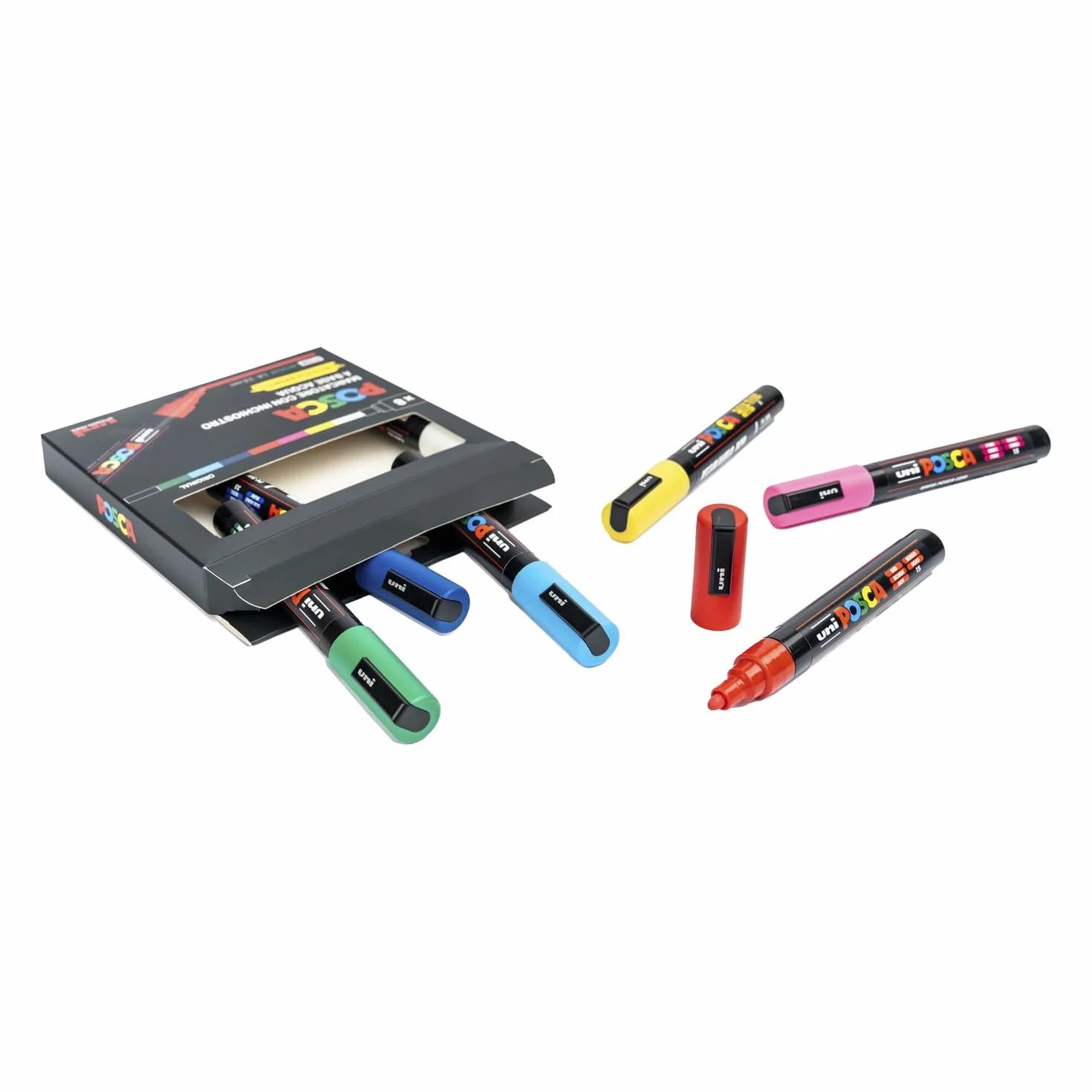 POSCA - Uniposca Set con Pennarelli Acrilici Punta Tonda 1.8 - 2.5 mm, Colori per Tessuti, Legno, Vetro e Altro, Pennarelli Acquerellabili Uni Posca Professionali e Cartoleria, Resistenti a Acqua/Luce