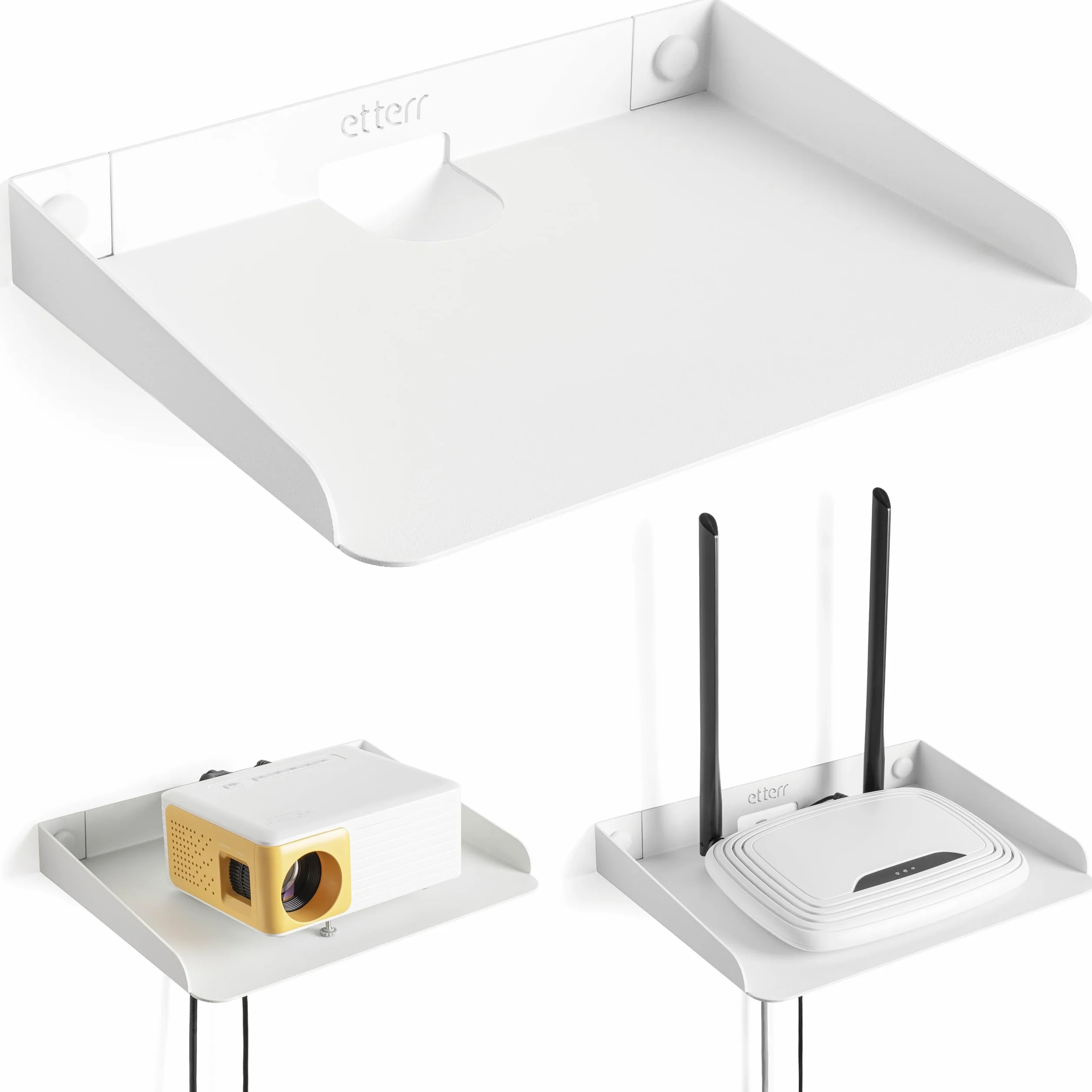 Mensola per router WiFi e modem • Mensola da parete con passacavi e bordi rialzati • Mensola in metallo per proiettore e altoparlante • Scaffale galleggiante organizer per cavi, ripetitore e