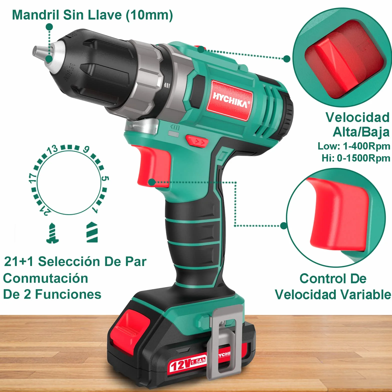HYCHIKA Trapano Avvitatore Batteria 12V, Avvitatore a Batteria 30 Nm, 21+1 Impostazioni Di Coppia, 2 Velocità Regolabili, 26 Accessori, Luce LED, Adatto per il fai da te in casa e in giardino