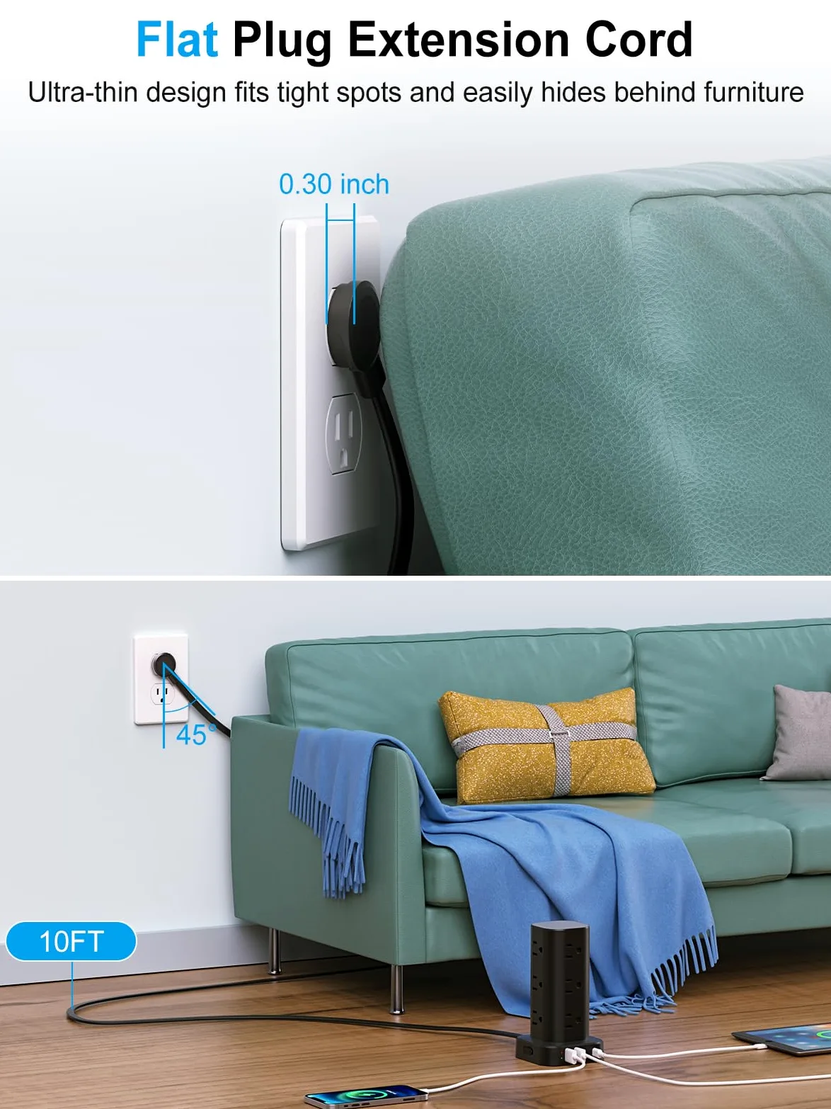 Ciabatta con caricabatterie wireless, protezione da sovratensioni a spina piatta con prolunga da 1,8 m, 12 prese multiple AC, 4 USB (2 USB C), Power Tower