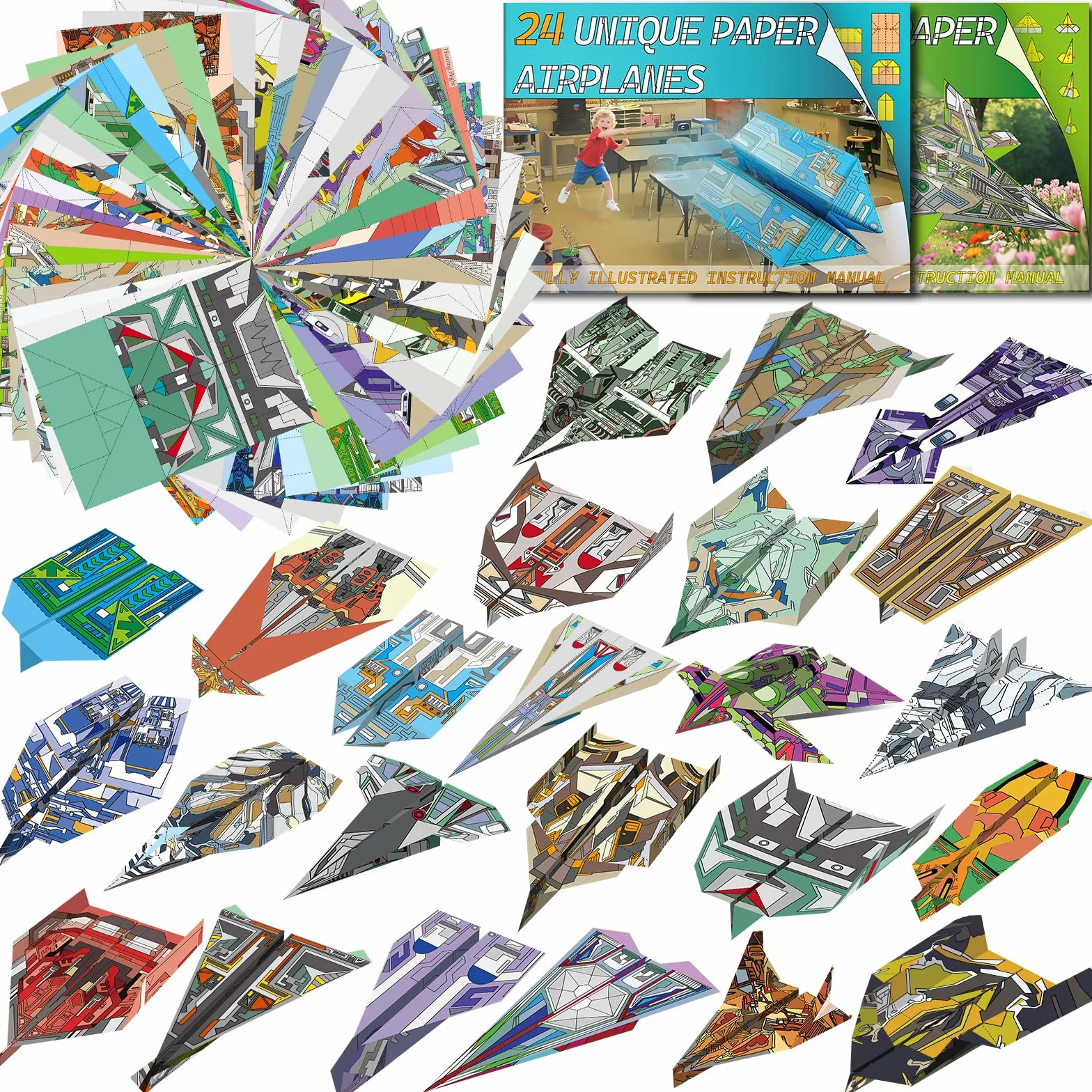 Elfew 48 Aerei di Carta da Piegare e Lanciare, Origami per Bambini, Aeroplani Carta Origami - Aerei Giocattolo Adatto a Bambini dai 6 8 9 10 Anni