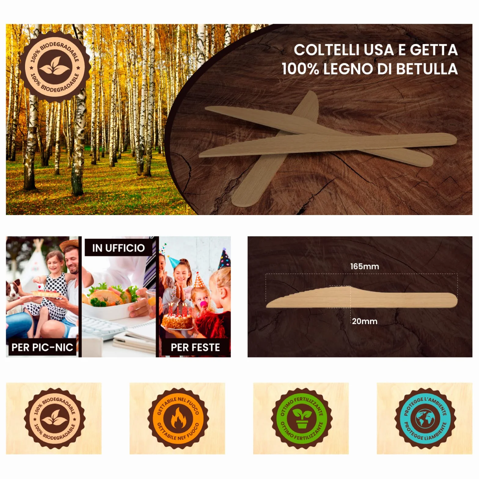Coltelli Ecologici in Legno di Betulla Monouso 100% Naturali Biodegradabili 100 Pezzi
