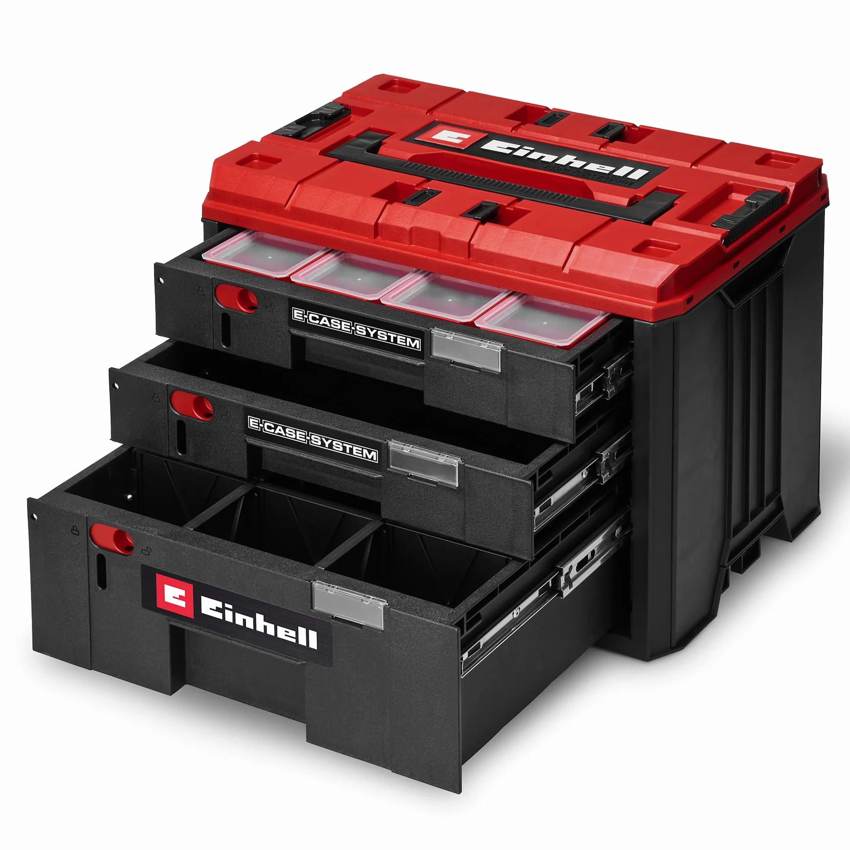 Cassettiera originale Einhell E-Case (sistema E-Case Einhell, 41,5 x 25 x 28 cm, carico utile max. 60 kg, 2 cassetti alti 5,5 cm, 1 cassetto alto 12,5 cm, maniglia per il trasporto)