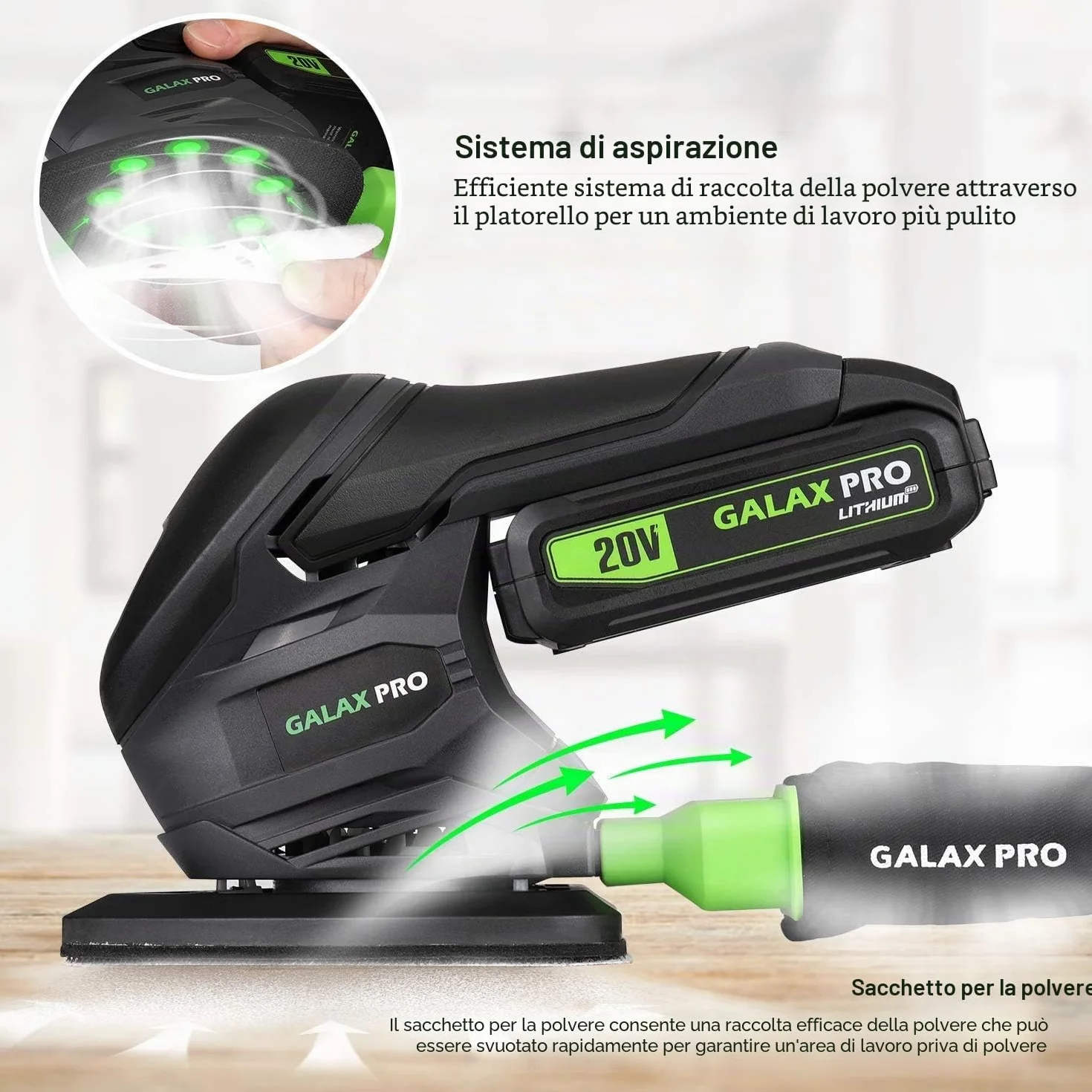 GALAX PRO Levigatrice Mouse 20V 1,3Ah Ricaricabile 12000 OPM con Carte Vetrate 20 Pezzi - Batteria e Caricabatterie Inclusi