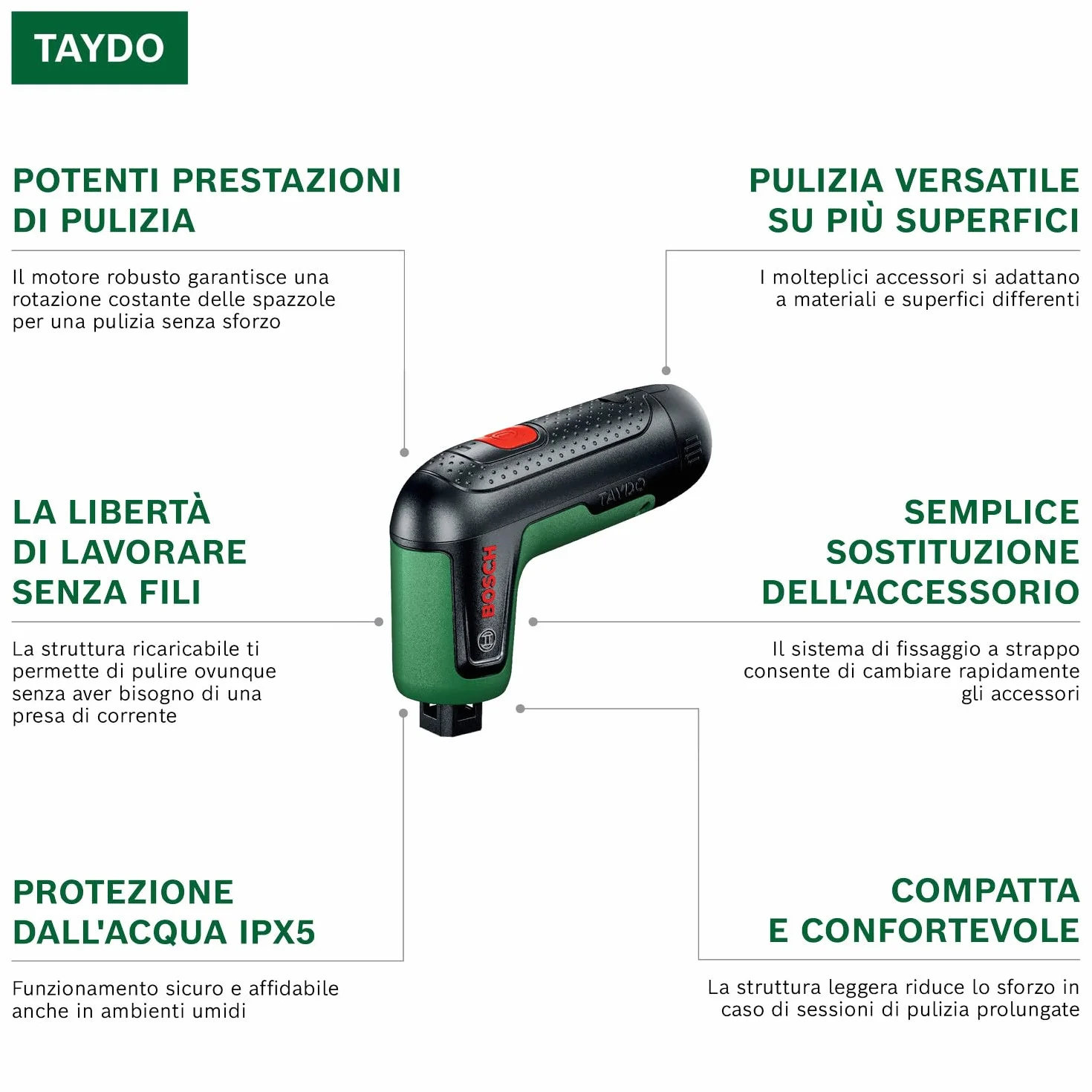 Bosch TAYDO UniversalBrush 4V Spazzola di pulizia a batteria con set di accessori