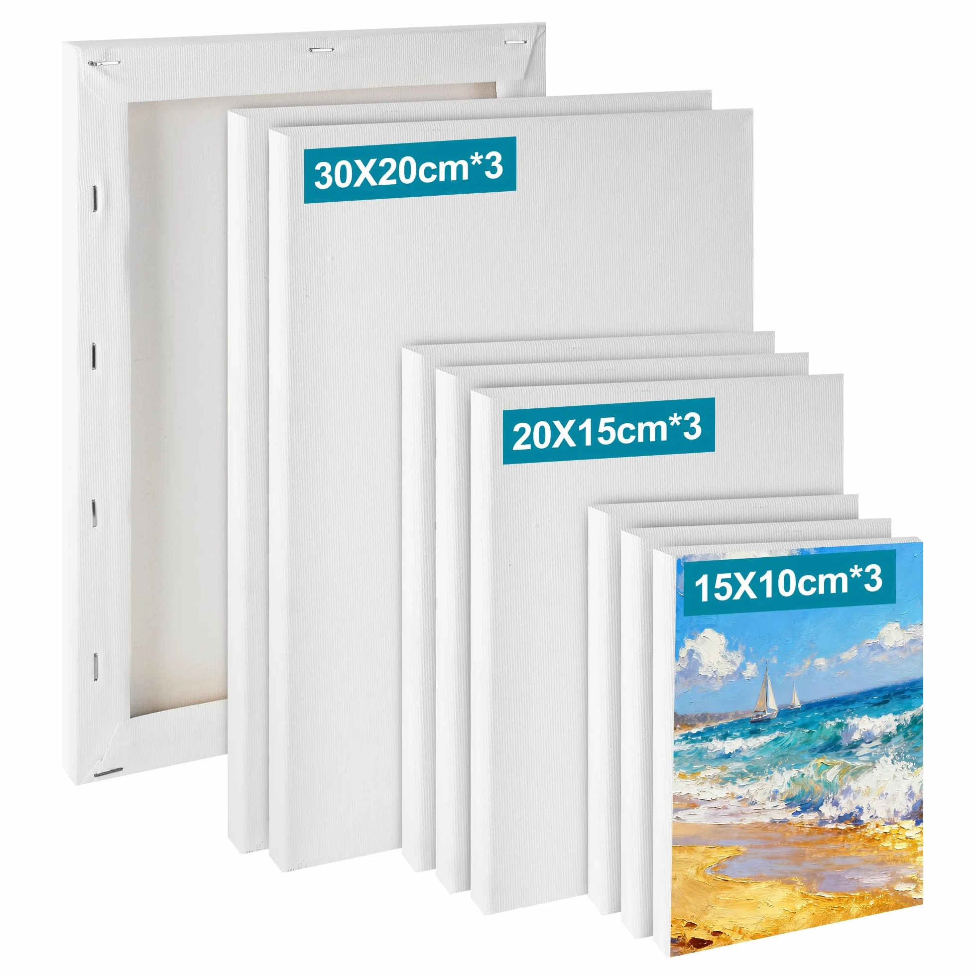 Set di 9 Tele per Dipingere 30x20 20x15 15x10cm, Tela per Dipingere in Cotone Senza Acidi Triple Gessatura,Tele da Dipingere Canvas Ideali per Acrilici per Dipingere, Acquerelli e Artisti Principianti