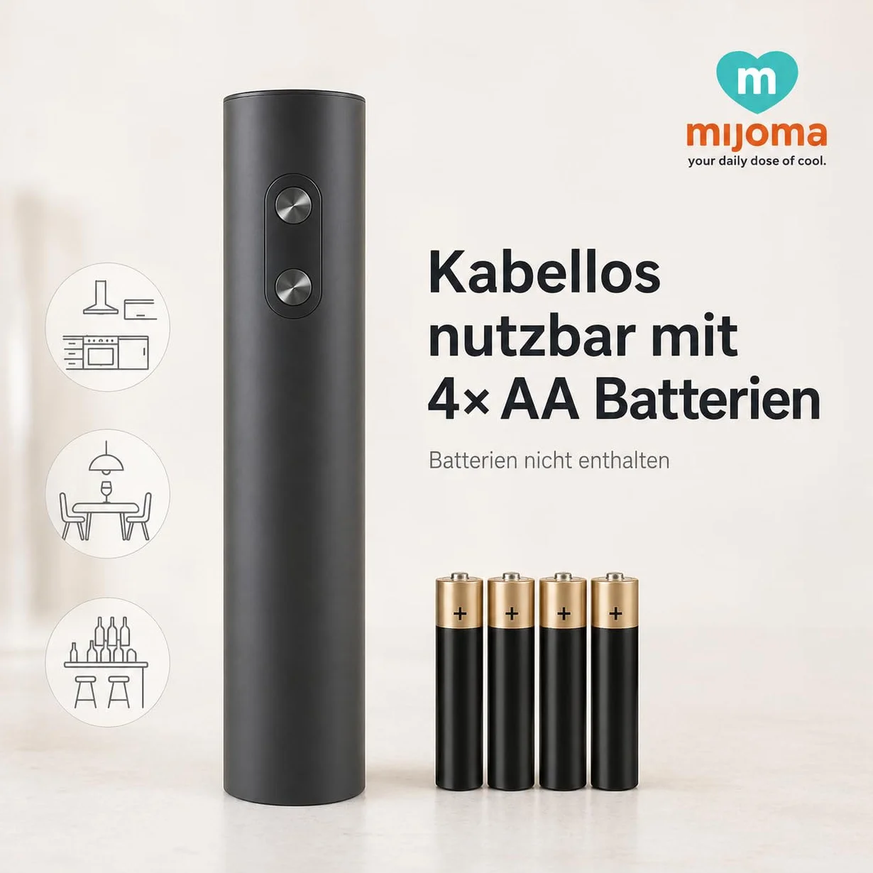 MIJOMA Apribottiglie elettrico nero - Cavatappi automatico in ABS per bottiglie di vino, cene, bar e cucina