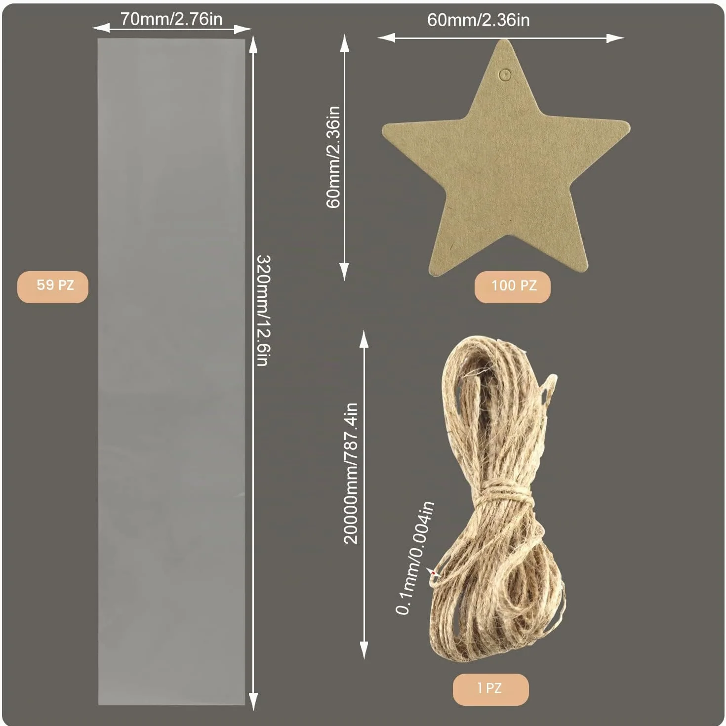 Sacchetti Cellophane Trasparenti per Alimenti 32 X 7 cm 100 Pezzi Bustine OPP Plastica con Etichette Regalo in Carta Kraft 20 Metri di Spago di Iuta per Caramelle Candele Gioielli