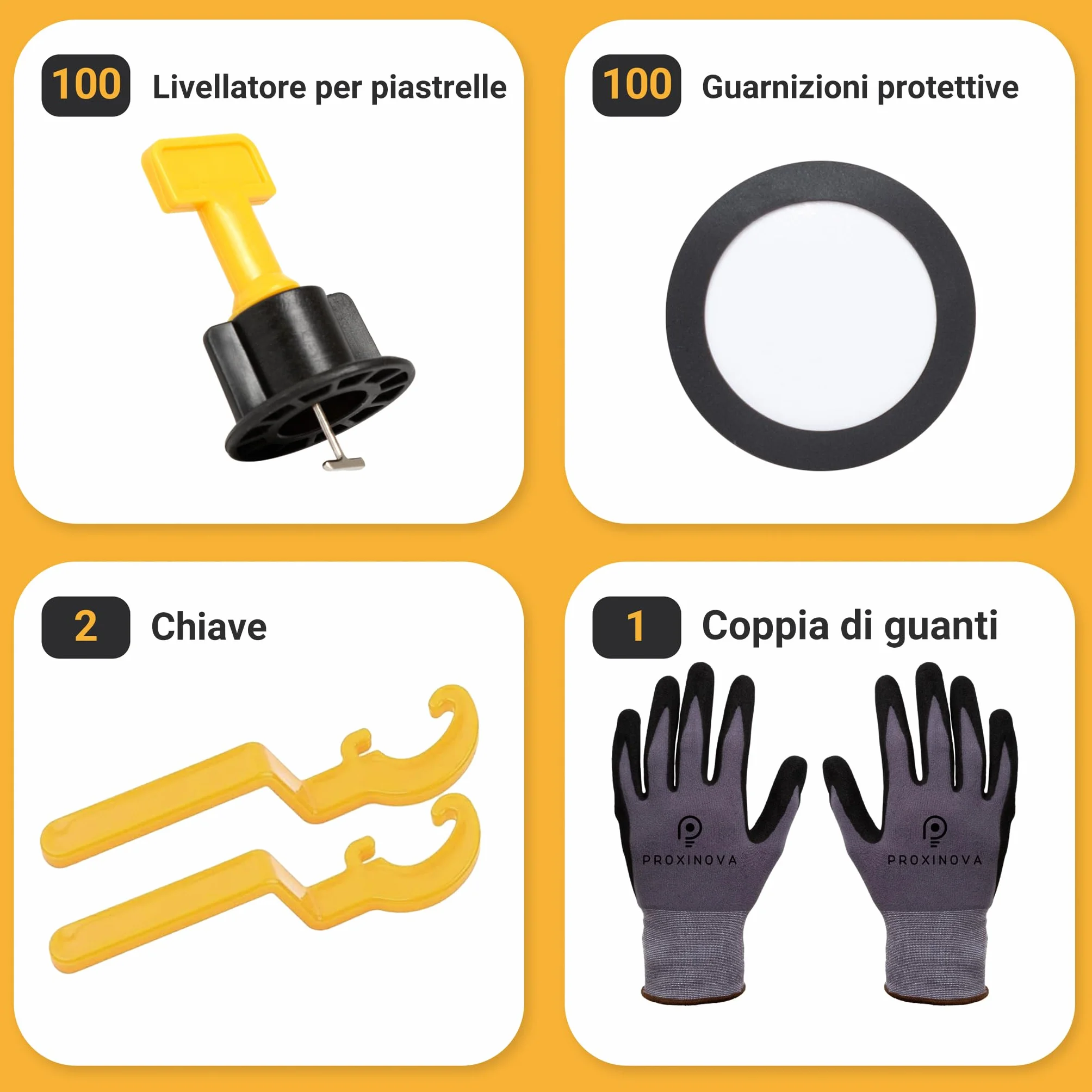 Kit Sistema di Livellamento Piastrelle Proxinova 100pcs, Distanziatori per Piastrelle, Sistema Anti-Graffio, 2 Chiavi, Guanti da Lavoro, 100 Perni