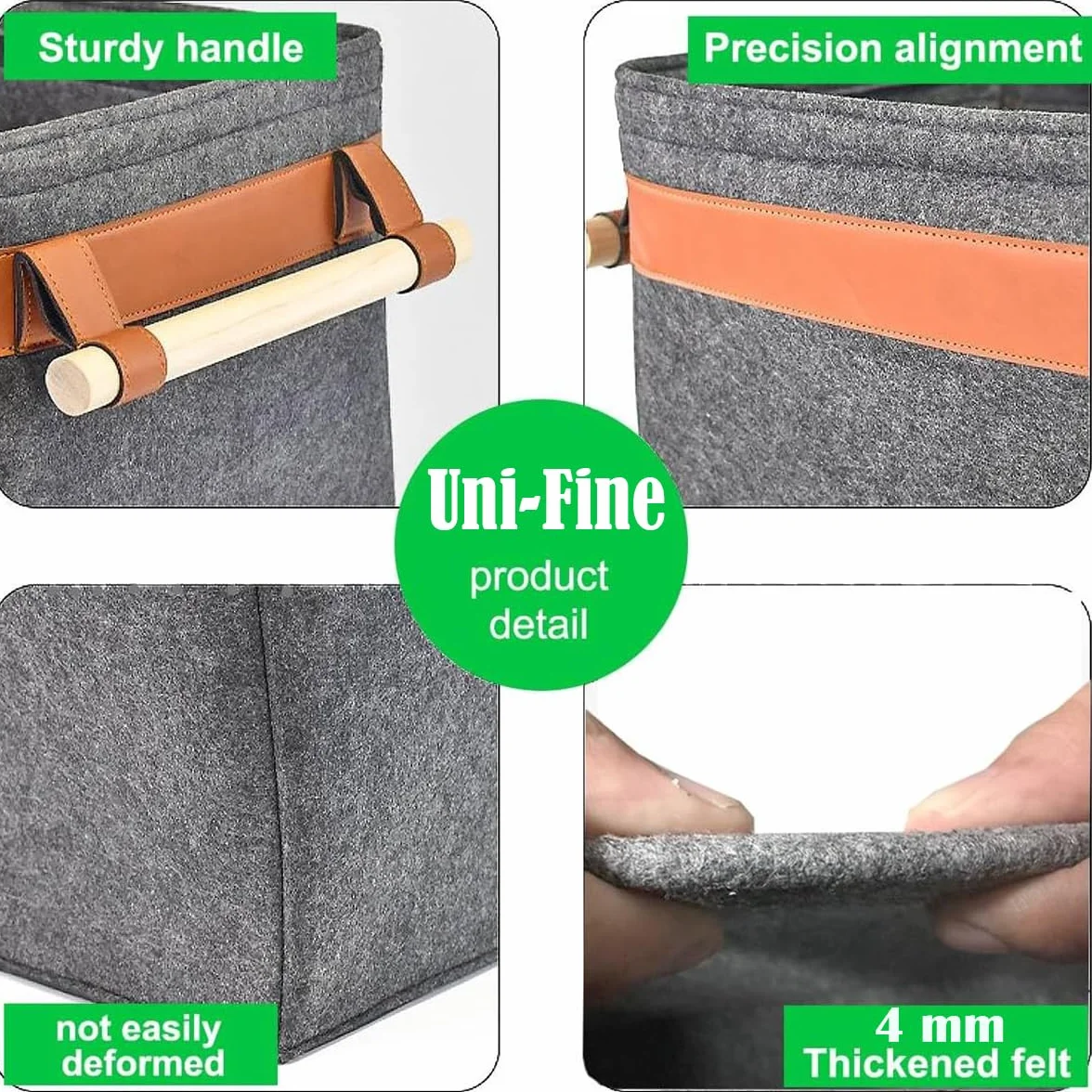Uni-Fine - Cesto di legno in feltro, 42 x 32 x 32 cm, 43 l, con manico, in feltro extra spesso, può essere utilizzato anche come cestino per la spesa e i giornali