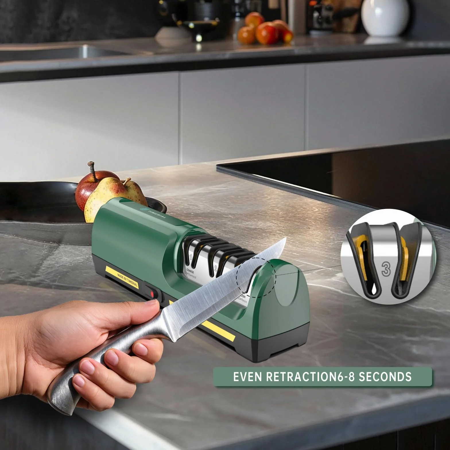 Affilacoltelli elettrico con disco abrasivo diamantato a 3 stadi e guida angolare di precisione a 15°, per affilare e lucidare coltelli da cucina in acciaio o coltelli in ceramica