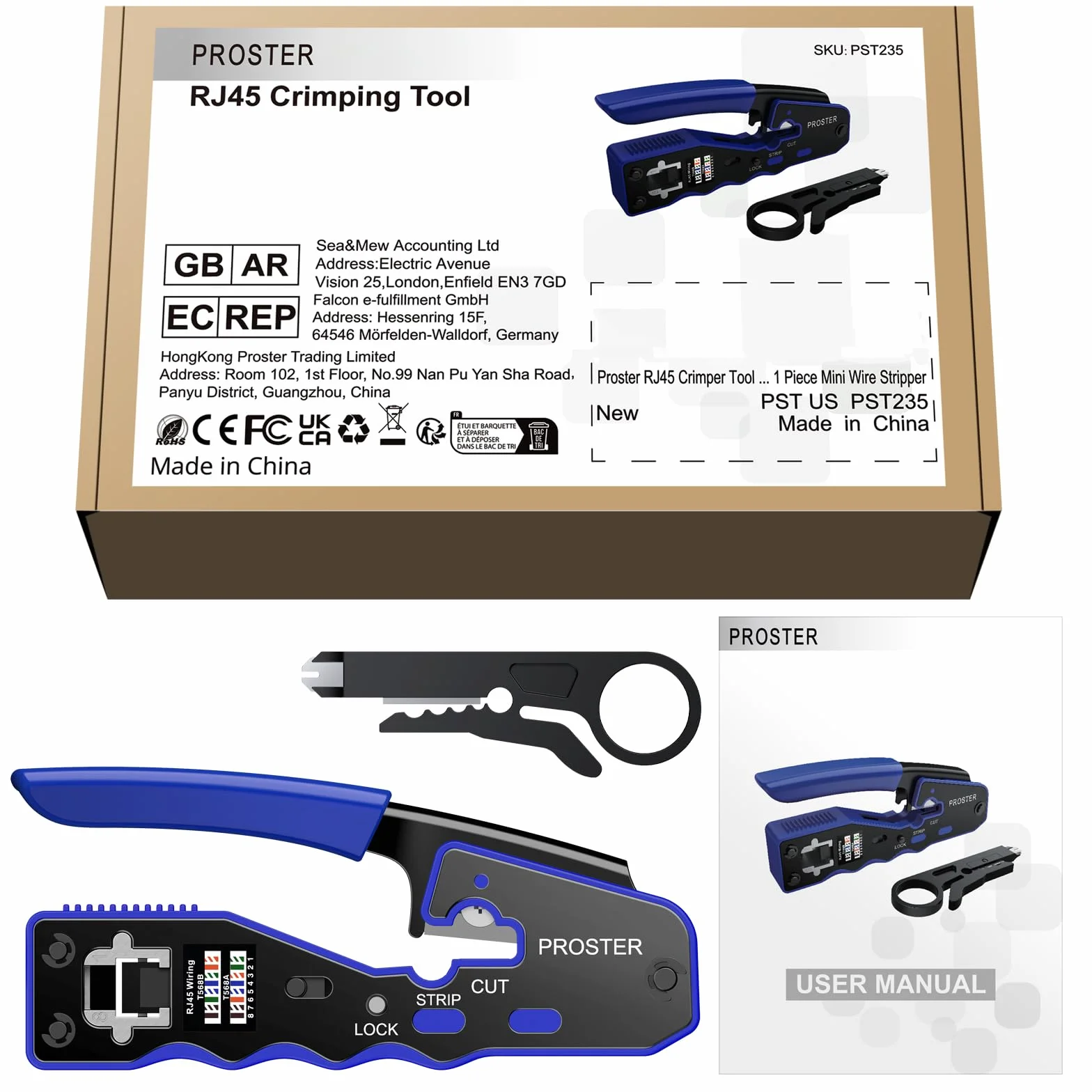 Proster Pinza Crimpatrice RJ45 Professionale Pass Through Multifunzione Spelafili per Cavo Rete per Connettori Strumento Crimpatura per RJ45 CAT5 CAT6/CAT6A RJ45 Kit Crimper Ethernet