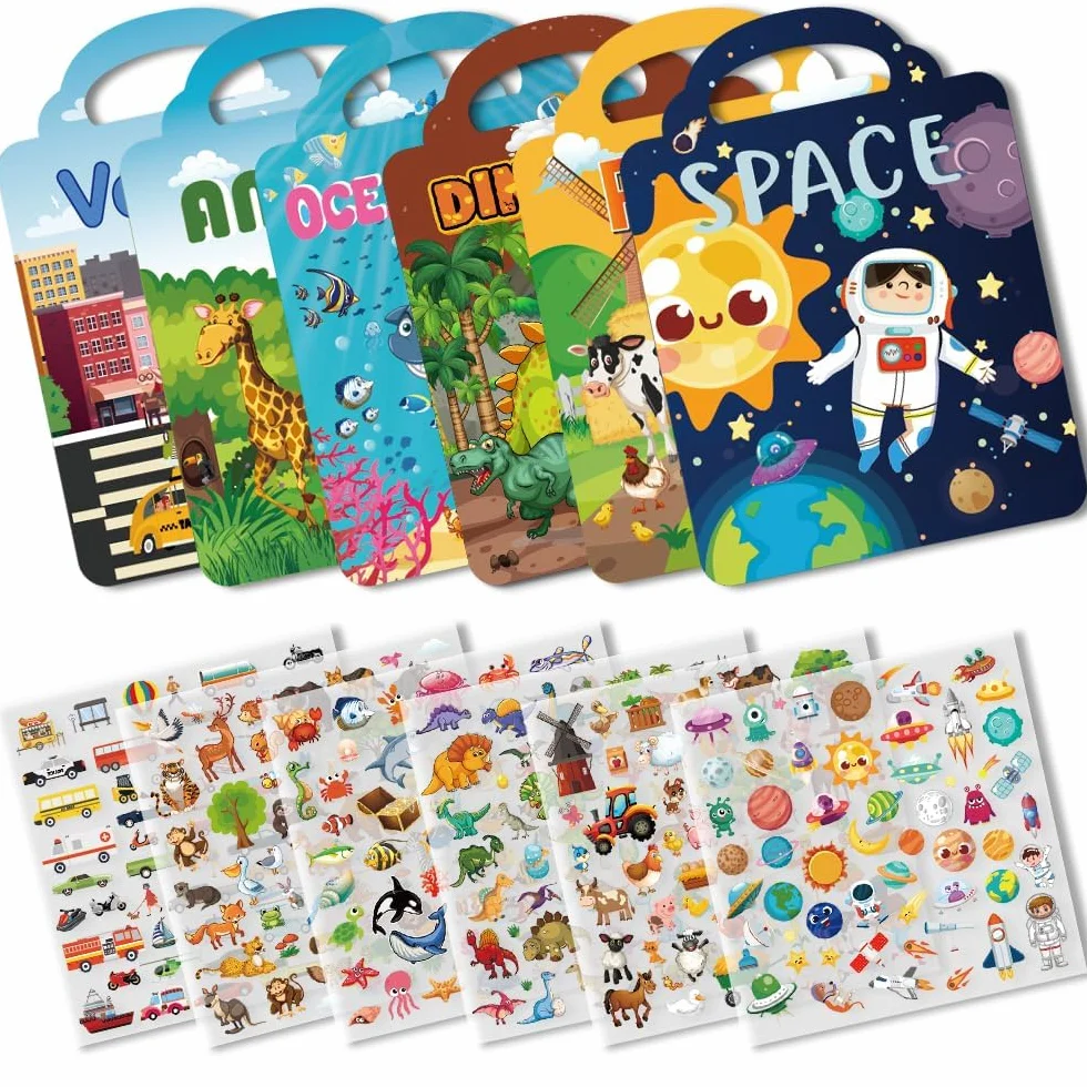 Libro adesivo riutilizzabile Farma+ per bambini 1-4 anni: 6 set di adesivi gonfiati - animale, dinosauro, mondo marino, spazio, veicolo